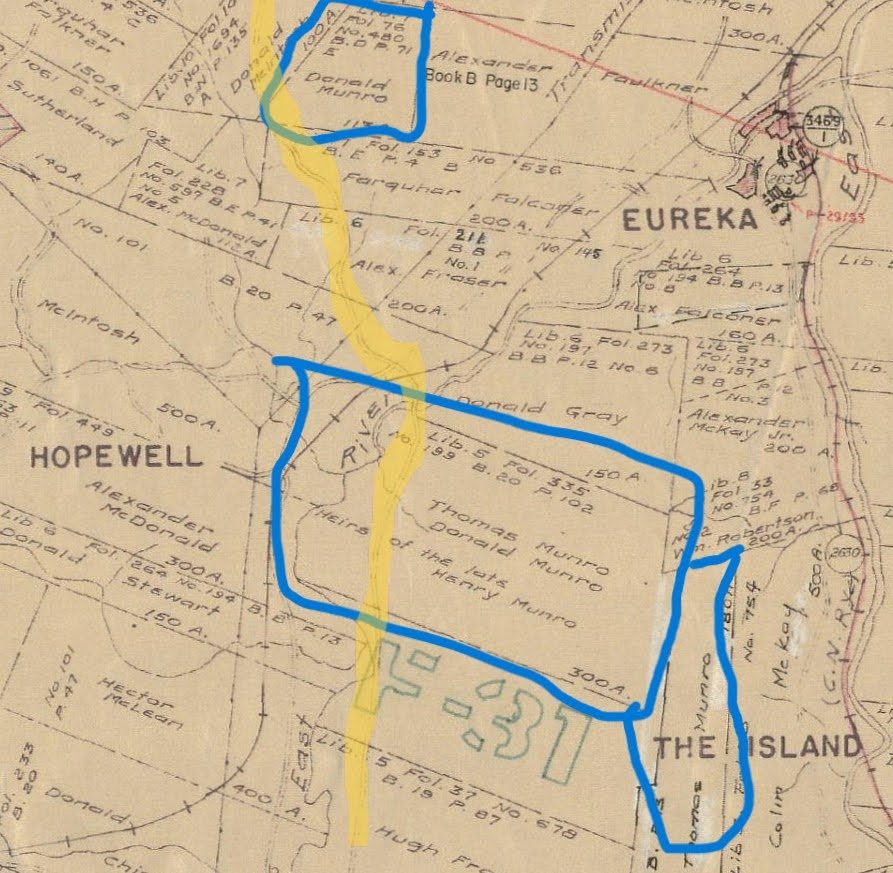 An old map showing the Hopewell and Eureka area of Pictou County, Nova Scotia, showing land grants referenced in the blog post