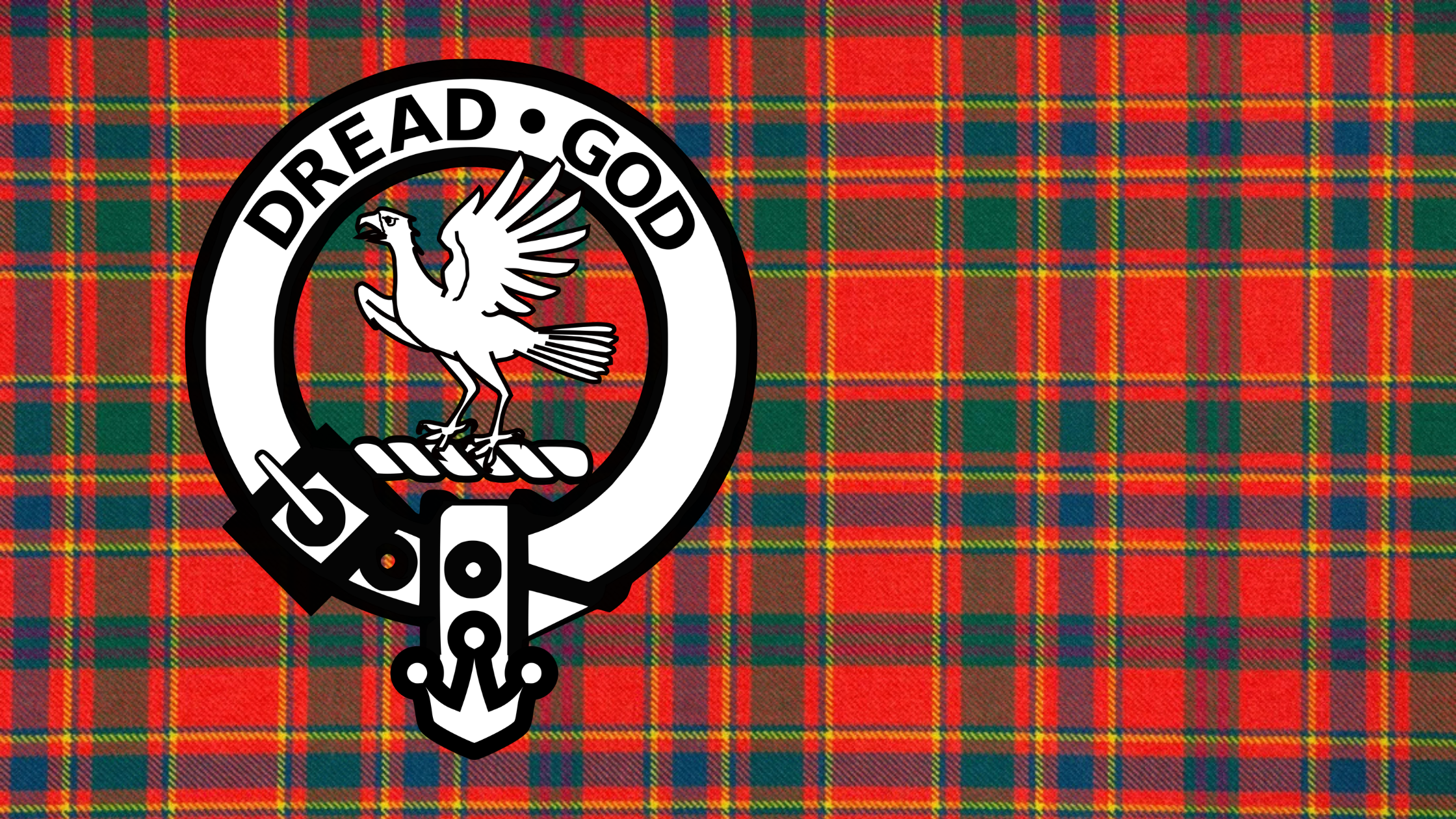 The Munro Ancient tartan pattern with the Clan munro crest overlaid; an eagle perched, wings spread, encircled by a belt enscribed with the words "Dread God"
