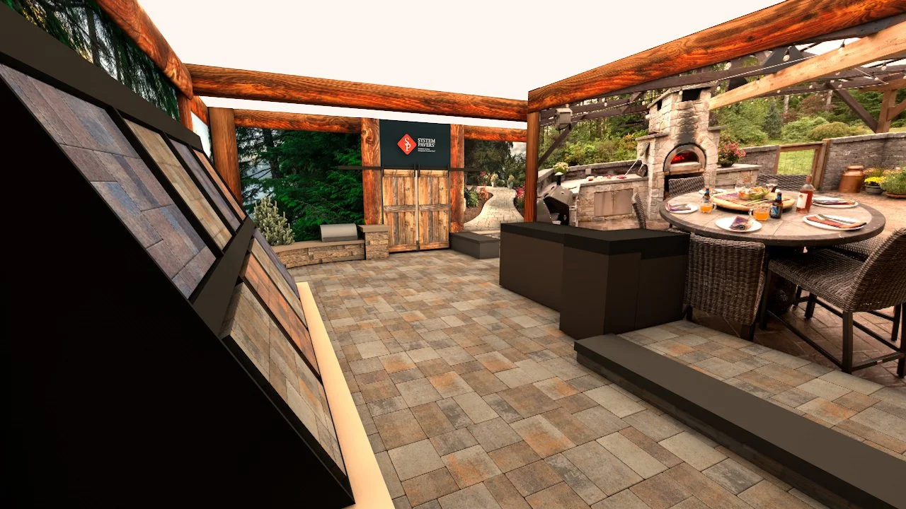 An outdoor patio with a tile floor, a round dining table with six chairs, a built-in stone fireplace, a pizza oven, and a wood rack, surrounded by lush green trees.