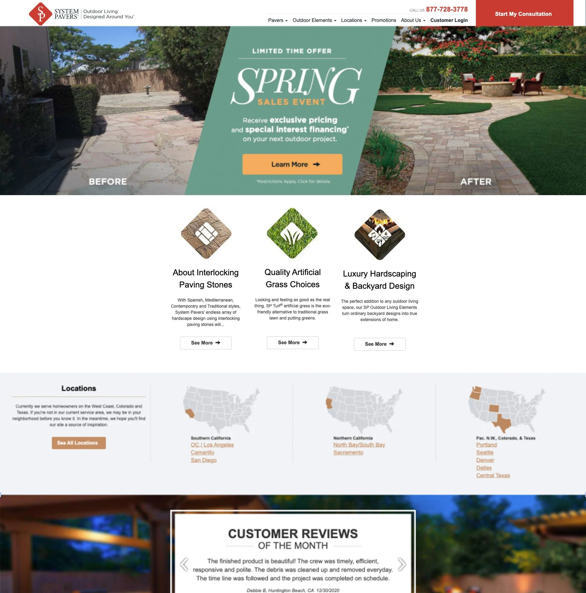 A backyard before and after landscaping, showing a paved area with straw in the 'before' section and a finished, landscaped backyard with patio furniture, green grass, and bushes in the 'after' section, promoting a spring outdoor sales event
