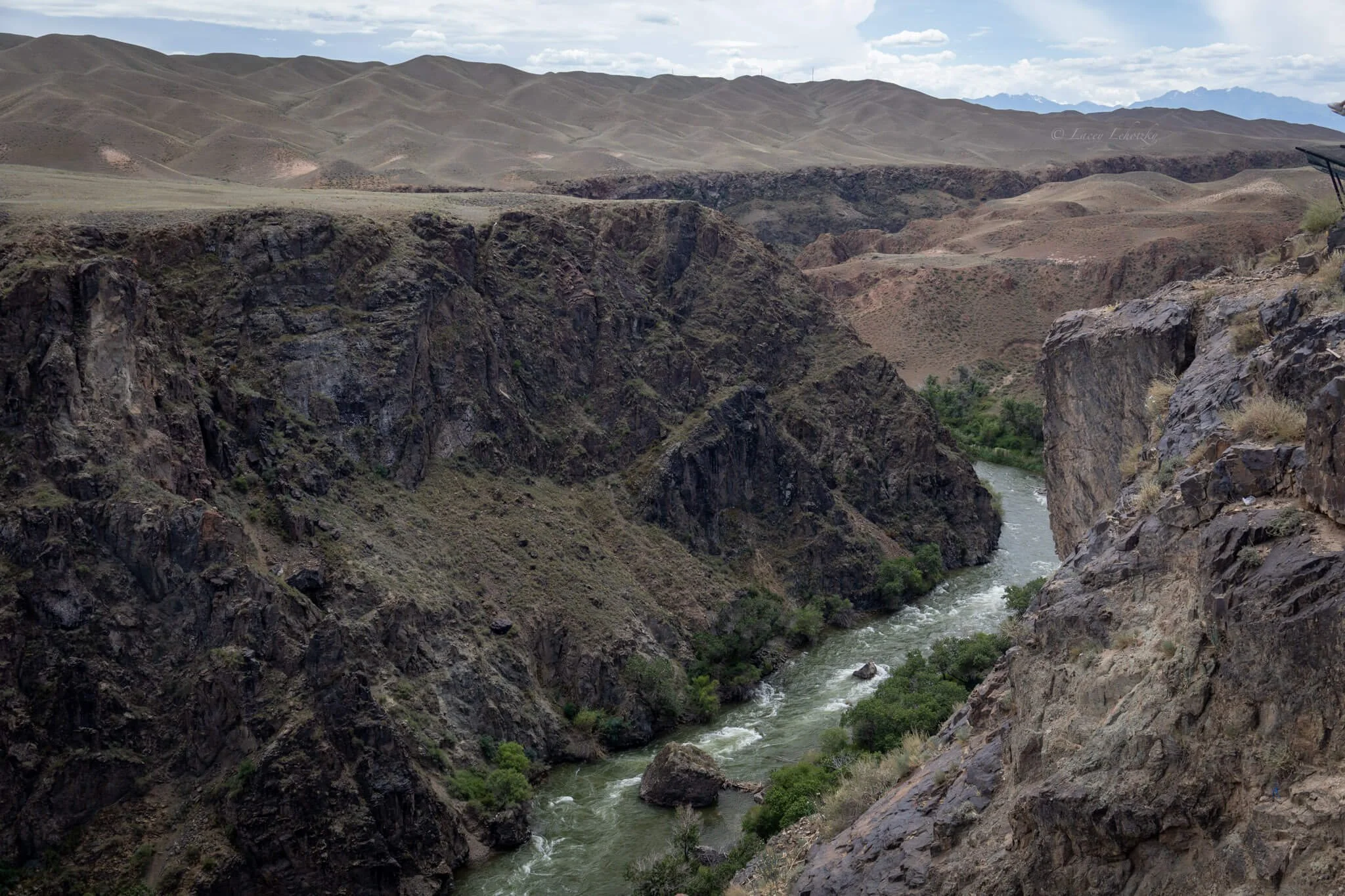 a green river with lush vegetation clinging to cliffsides flows through the mountains in kazakhstan black canyon