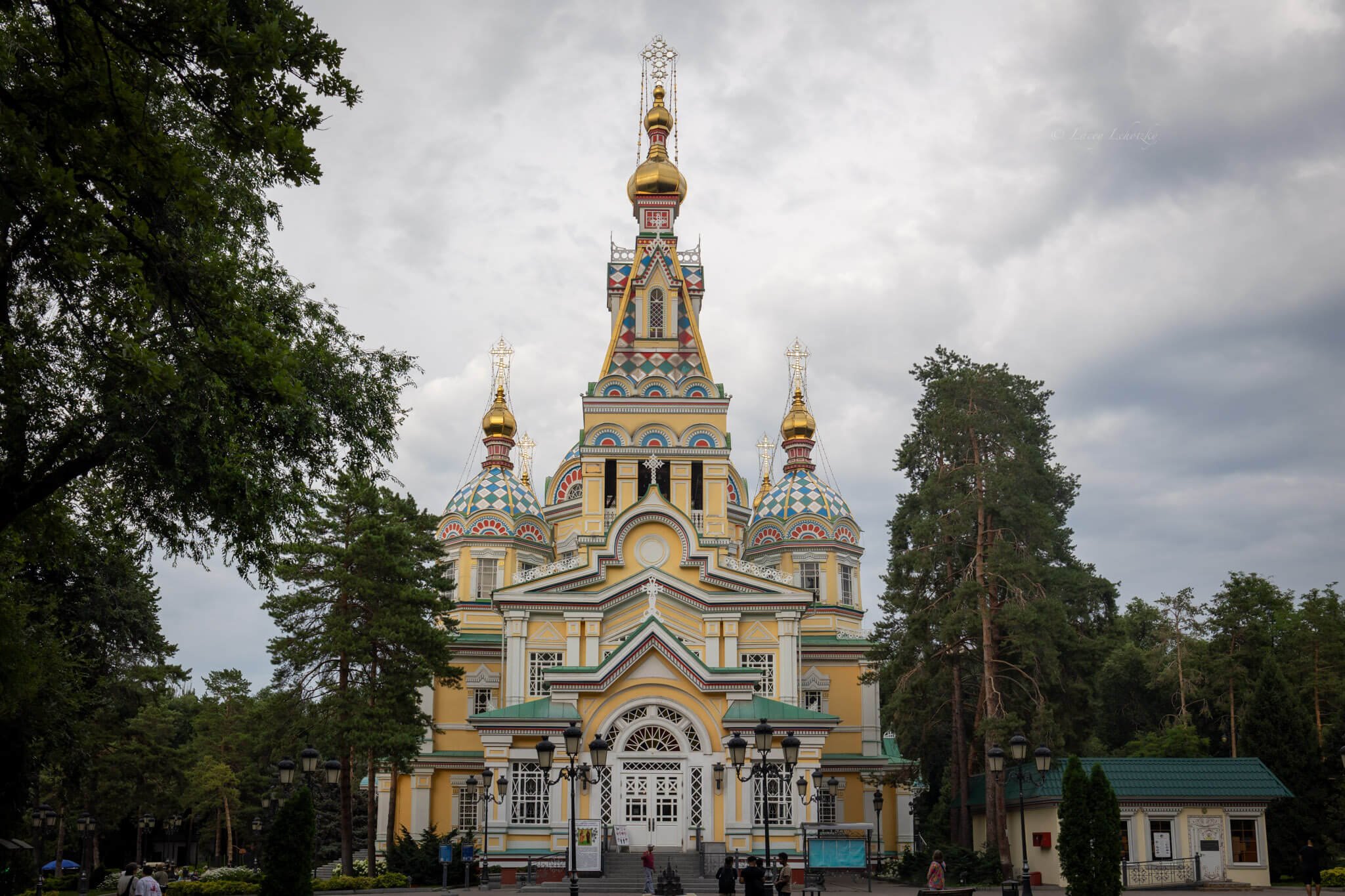 yellow and colorful russian orthodox cathedral in almaty kazakhstan