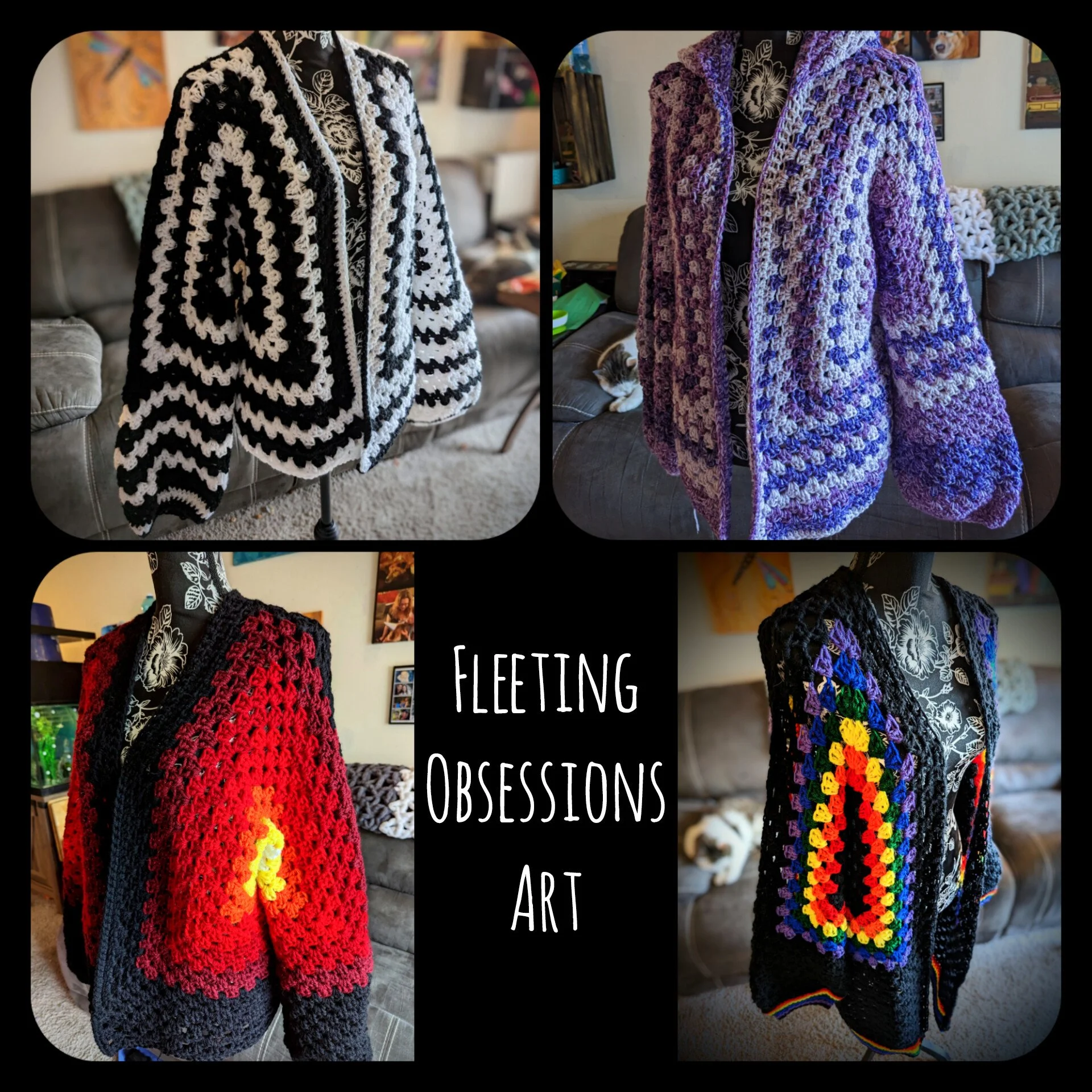 *From top left clockwise*
Illusion cardigan, Viole[n]t Rogue cardigan, Rainbow cardigan, Ember cardigan