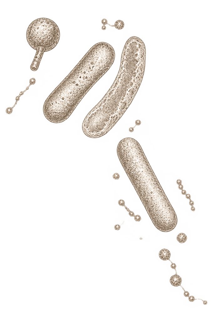 Illustration of bacteria and viruses, including rod-shaped bacteria and spherical viruses, with some depicted as floating and others with appendages.