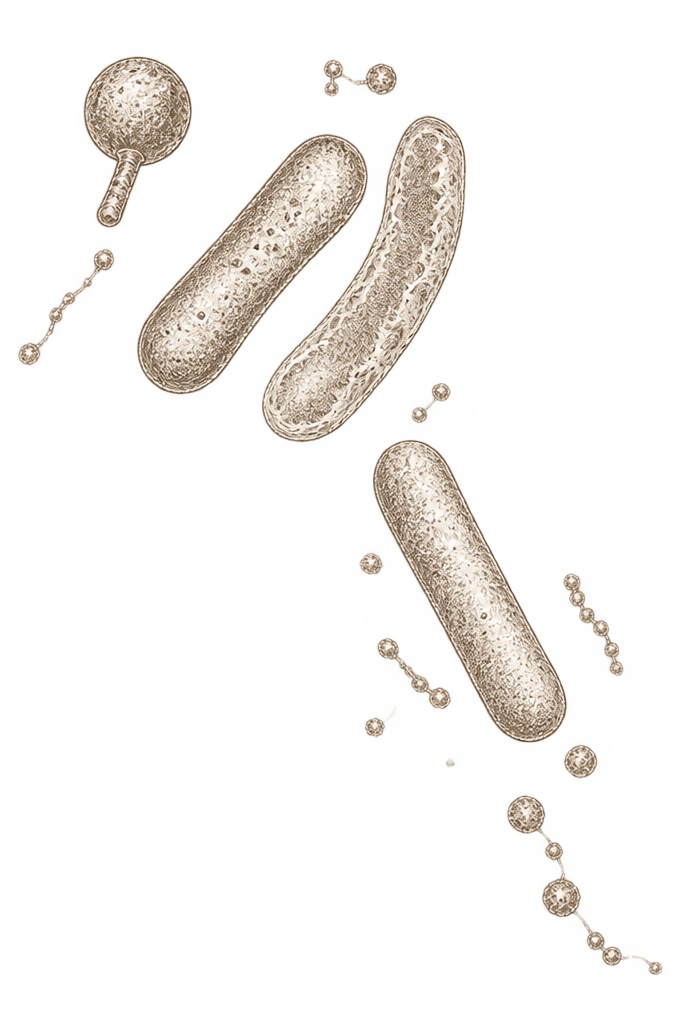 Illustration of bacteria and viruses, including rod-shaped bacteria and spherical viruses, floating in a beige background.