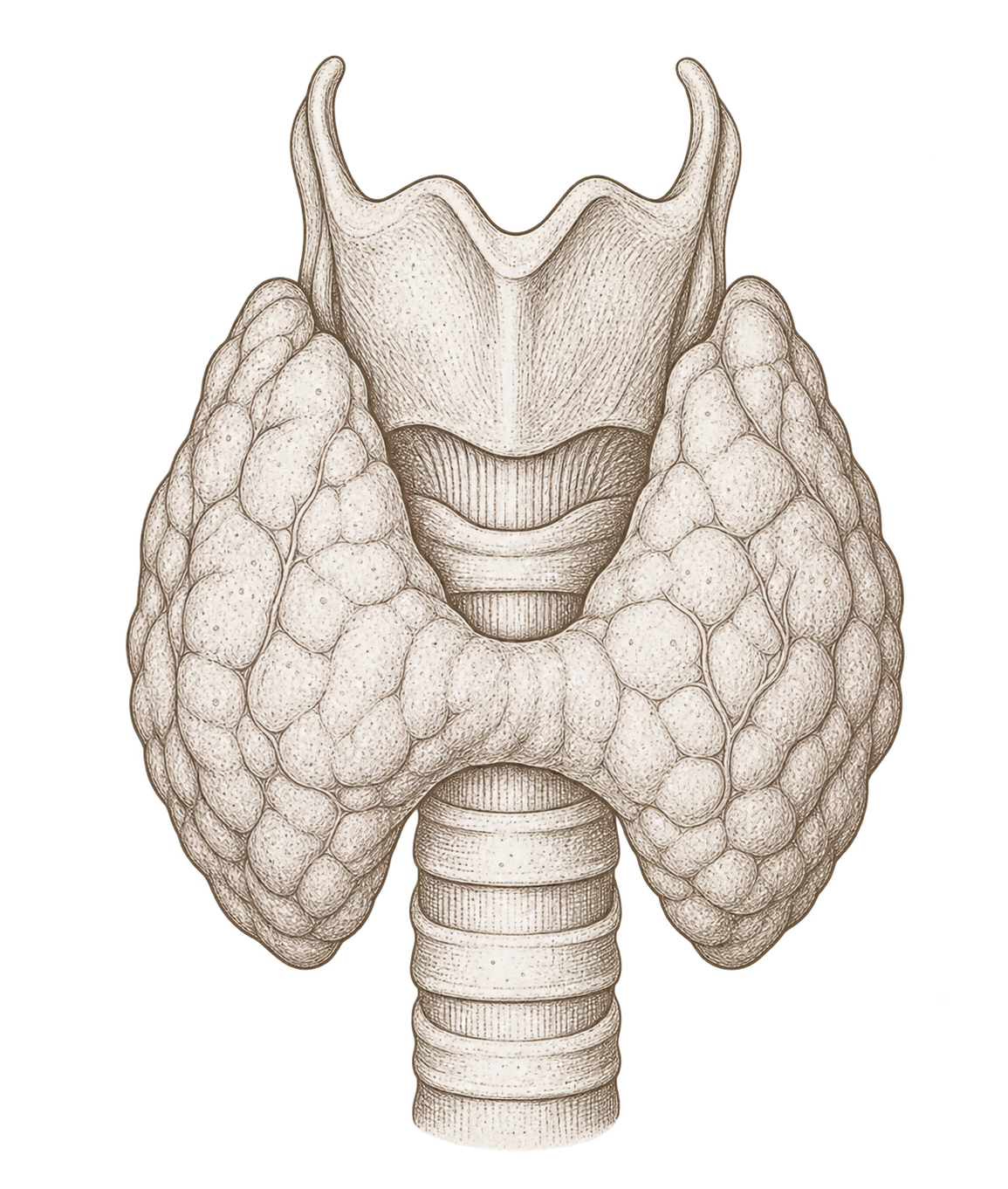An anatomical illustration of the thyroid gland, showing its structure, lobes, and surrounding tissues.
