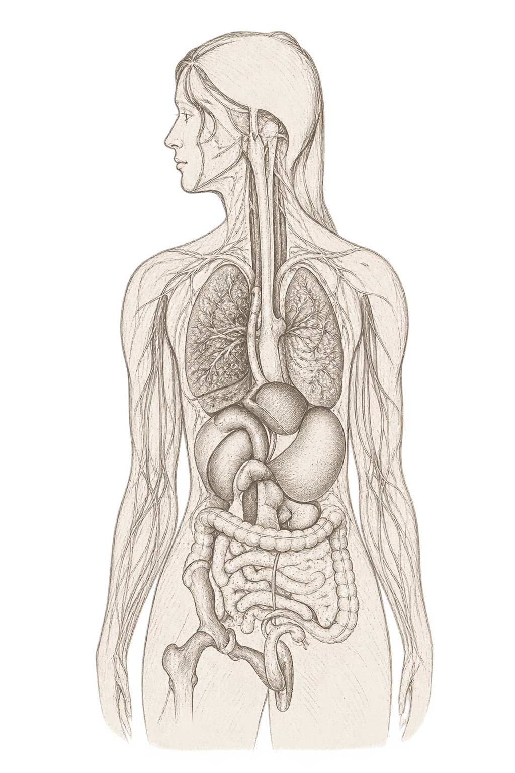 An anatomical illustration of the human body showing internal organs including the lungs, heart, stomach, liver, intestines, and brain, with a woman's head and upper body in profile.