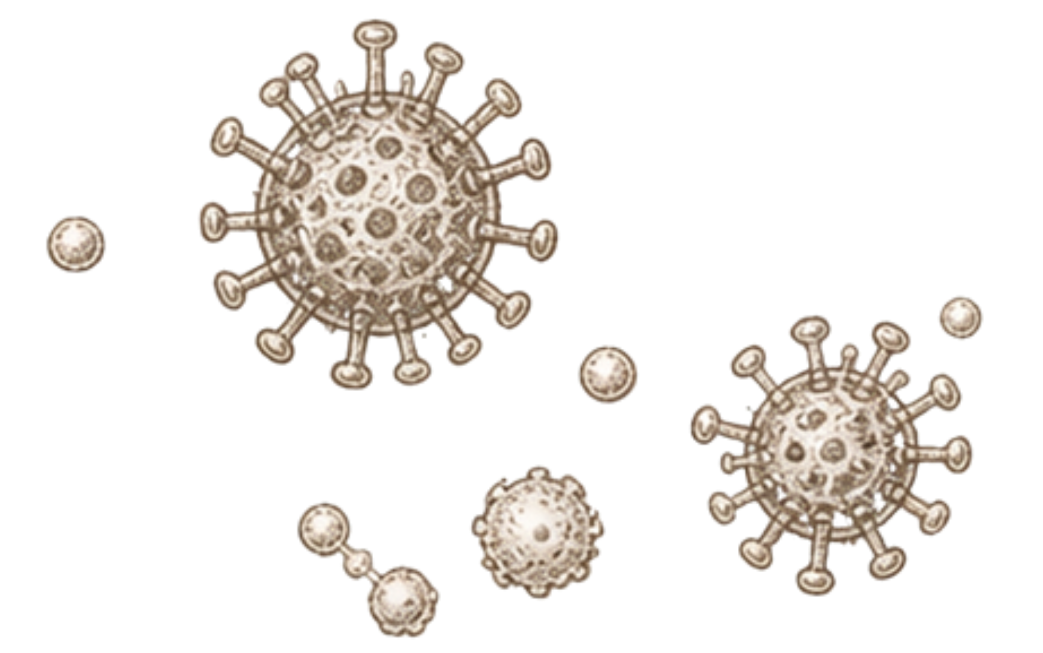 Illustration of virus particles, resembling the coronavirus, with spherical shapes and spike-like projections.