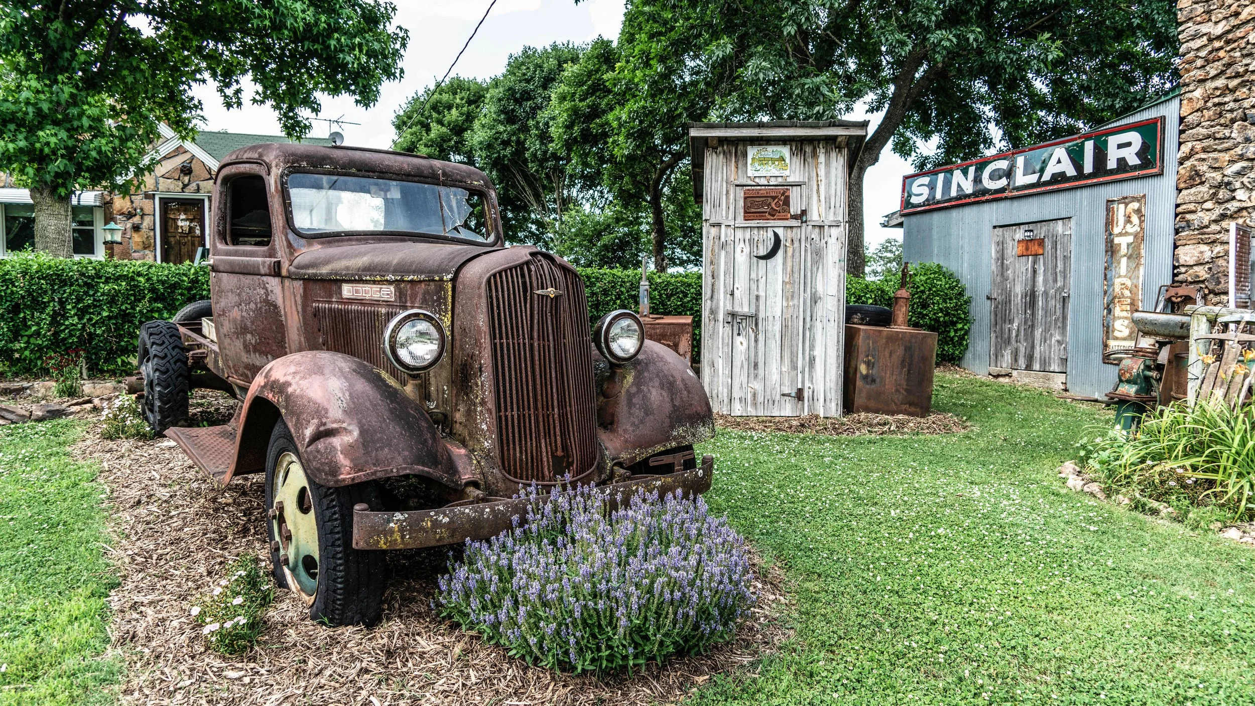 Limited edition fine art photograph by Jason Sponseller, featuring a weathered vintage Dodge truck at Gary’s Gay Parita in Missouri with Sinclair signage, rustic textures, and nostalgic Route 66 Americana atmosphere