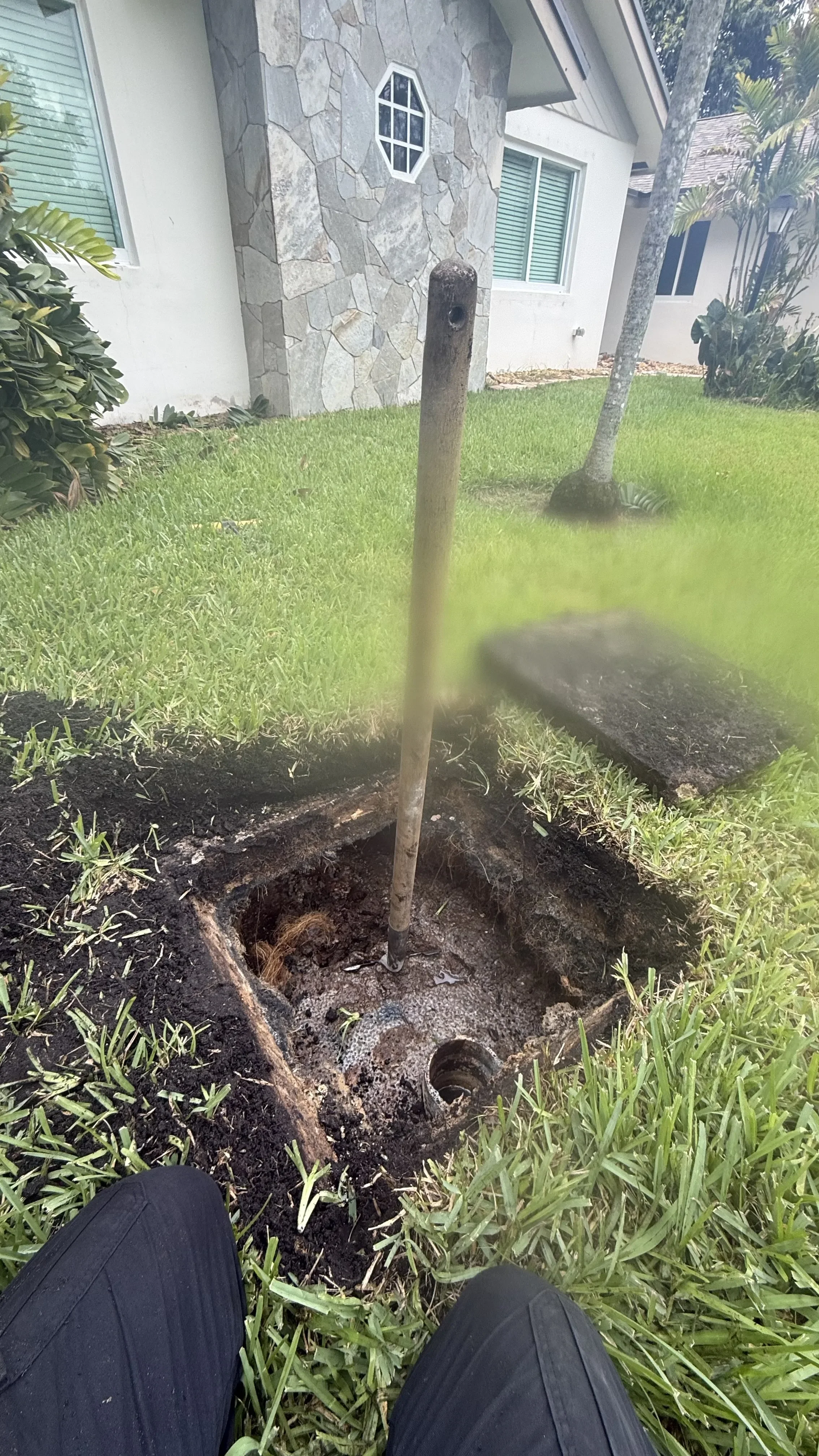 shovel standing straight up in a septic tank supported by sludge