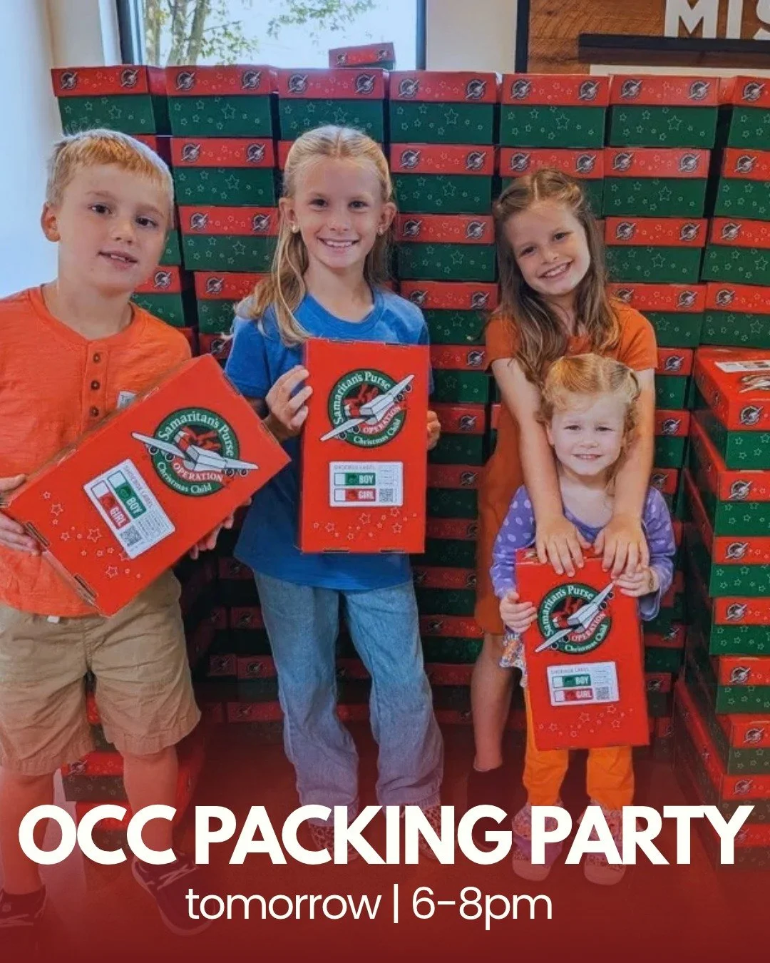 Join us tomorrow at 6pm as we work to meet our goal of packing 1,000 Operation Christmas Child shoeboxes!! 

Come pack some boxes, have some fellowship, and help bring HOPE to children around the world.