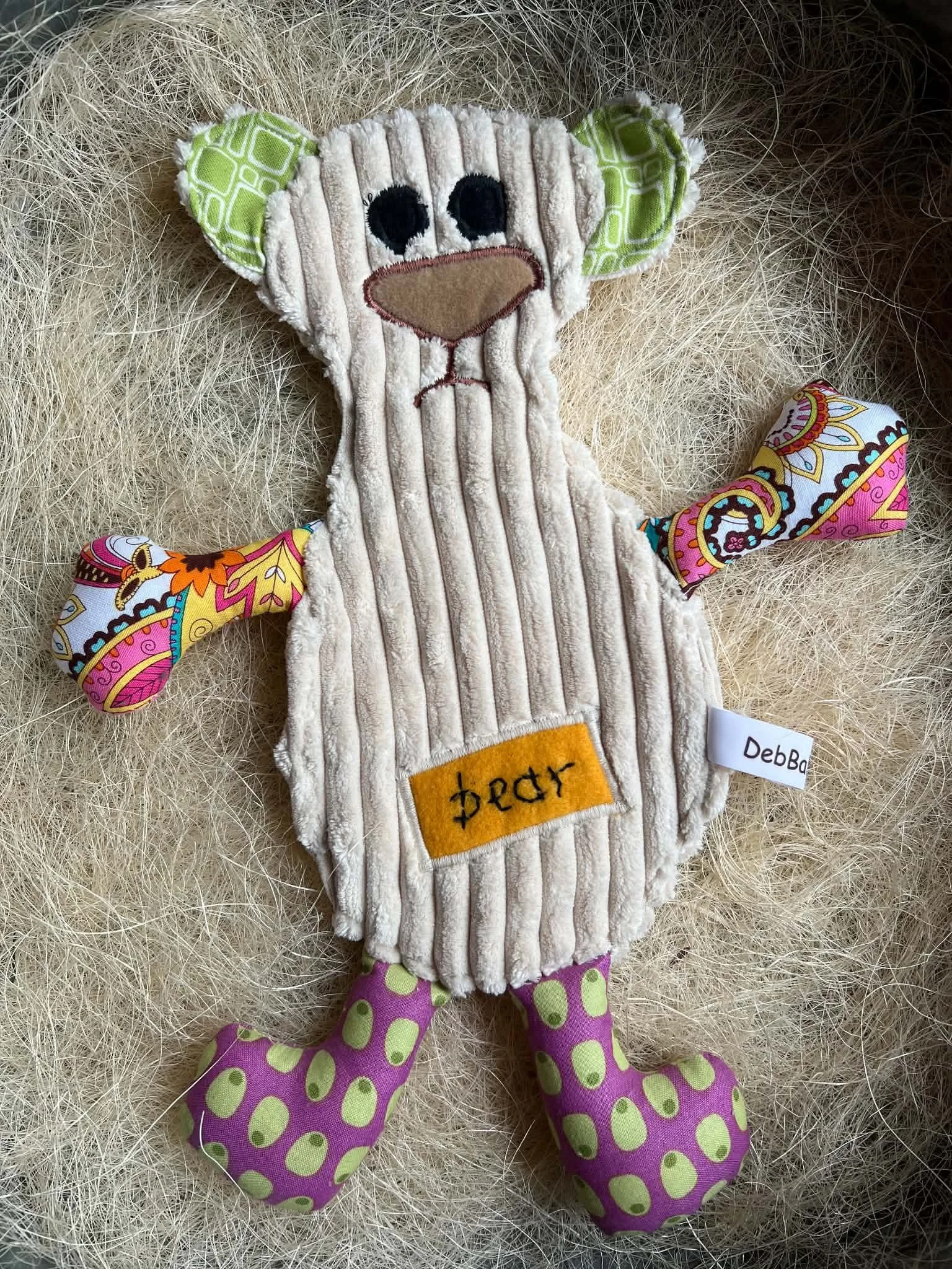 Bear Plush Flattie- Green & Yellow