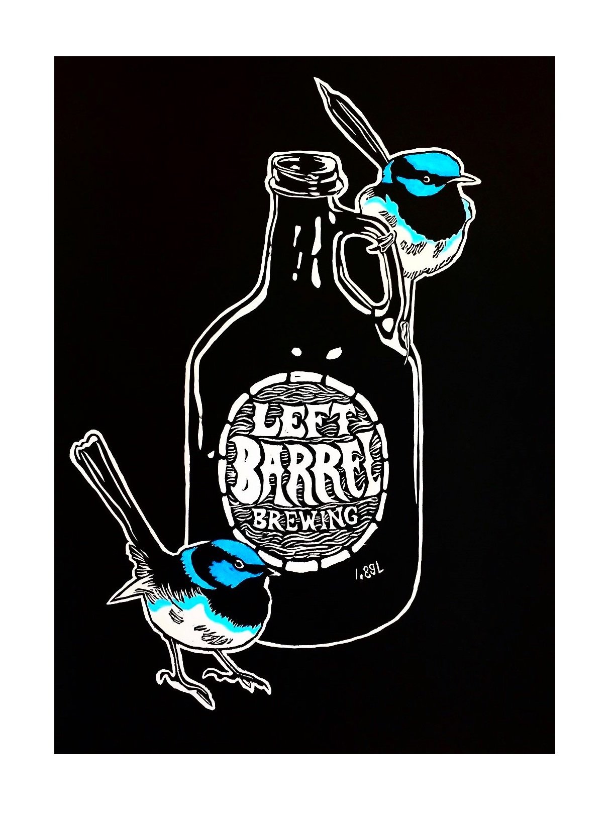 Thirsty Birds pt. 5 - Superb Fairy Wrens & Left Barrel Growler - Limited Edition Lino Print