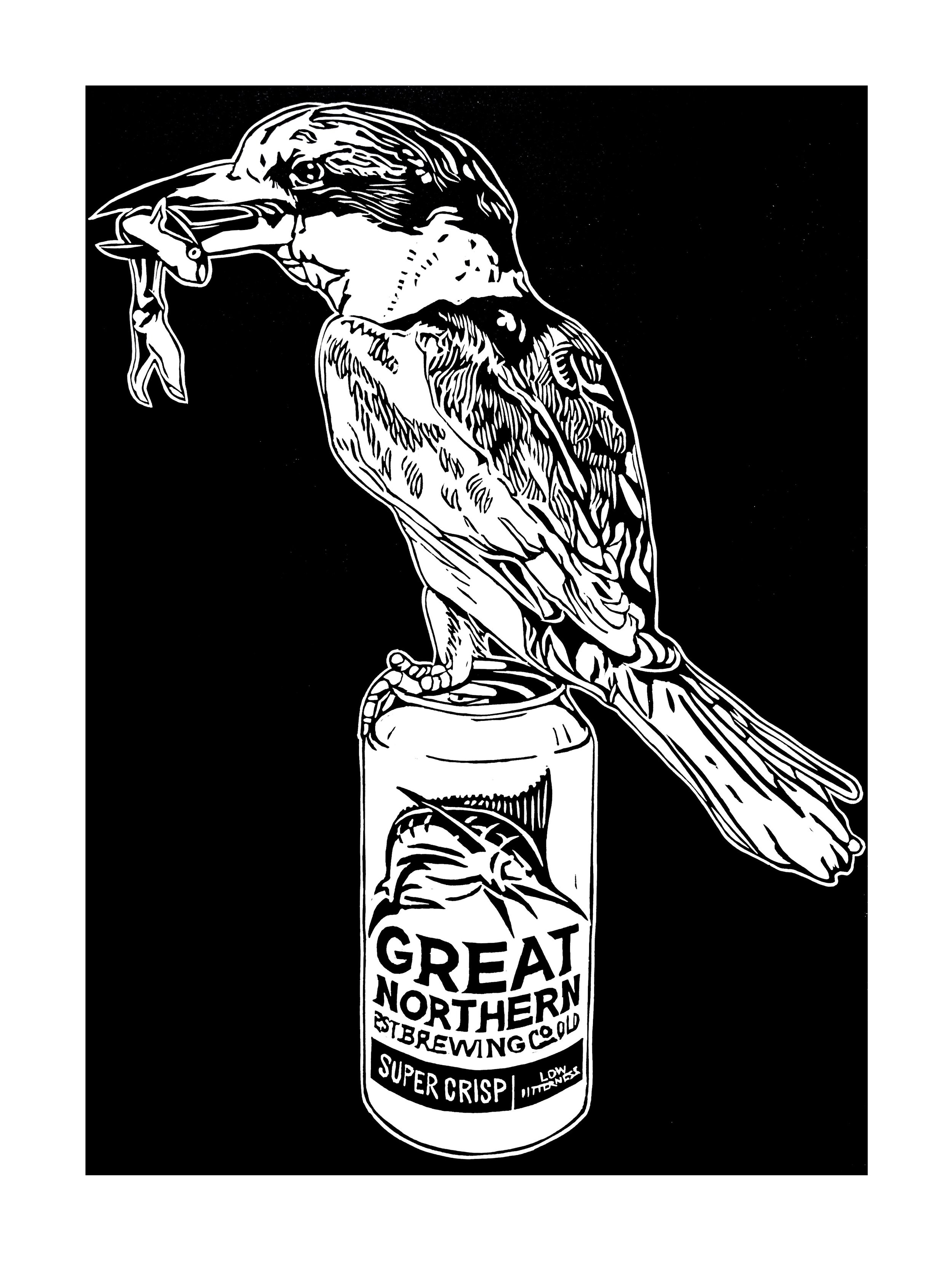 Thirsty Birds pt. 7 - Red-backed Kingfisher & Great Northern - Limited Edition Lino Print