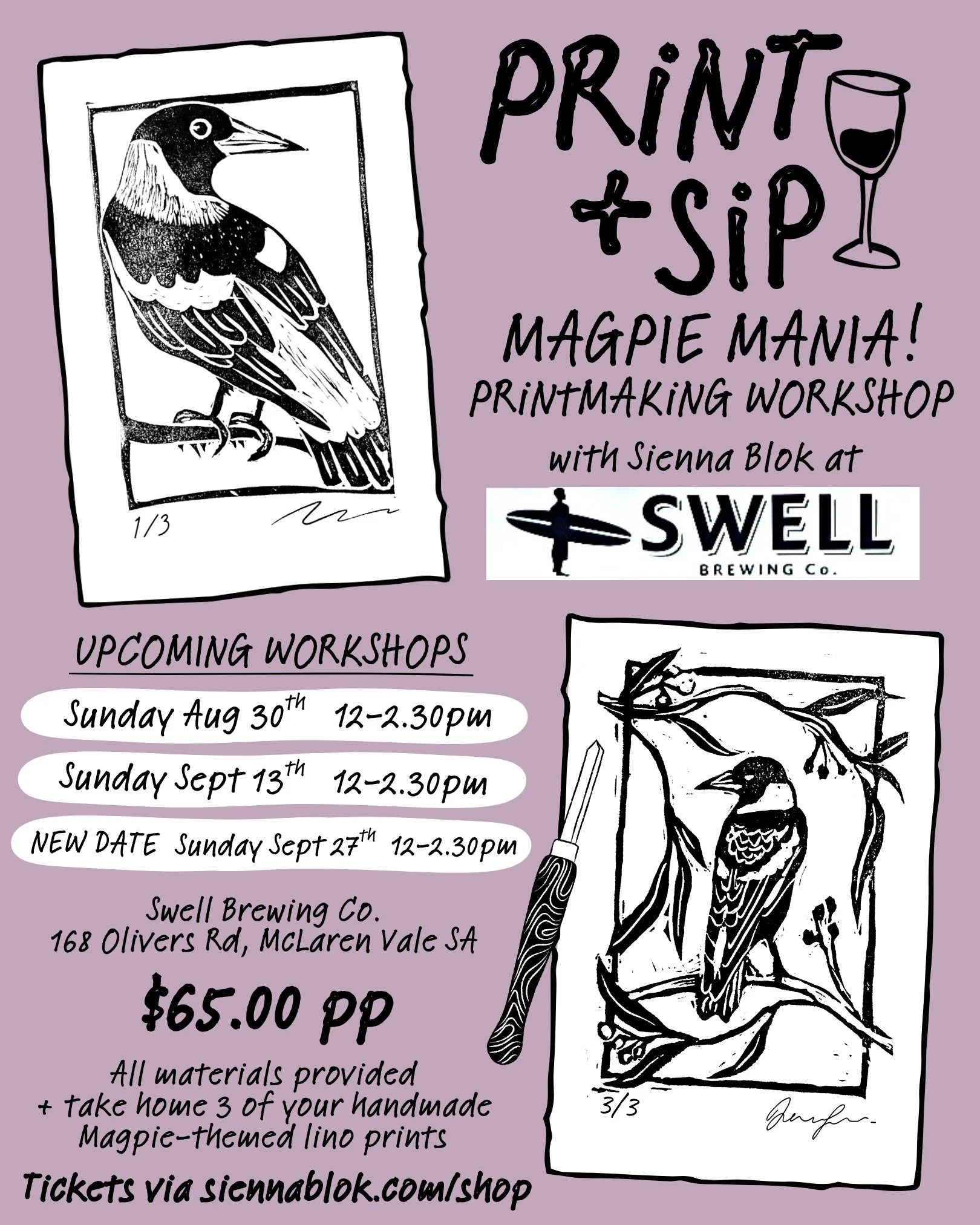 Print & Sip - 'Magpie Mania!' Printmaking Workshop at Swell Brewing Co.