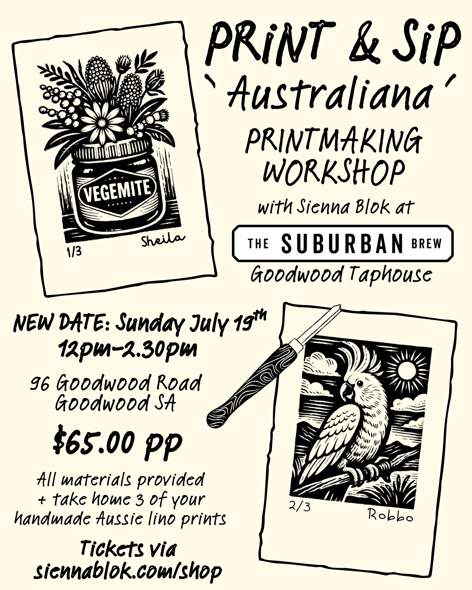 Print & Sip - 'Australiana' Printmaking Workshop - NEW DATE Sunday July 19th