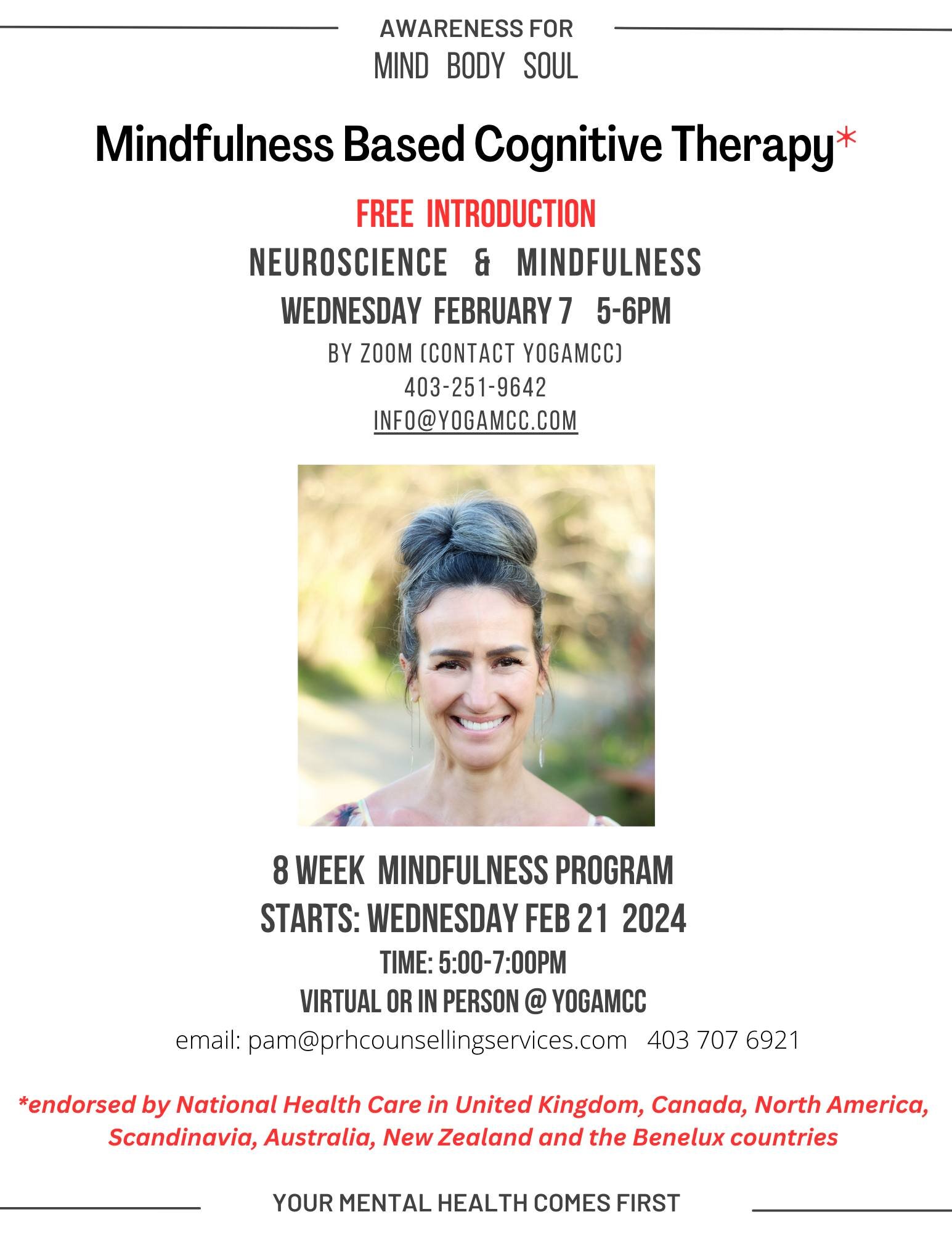 Learn to manage stress, anxiety &amp; prevent the relapse of depression

Mindfulness Based Cognitive Therapy (MBCT) is an evidence-based mindfulness therapeutic modality supporting individual mental health and wellness.  MBCT is endorsed by National 
