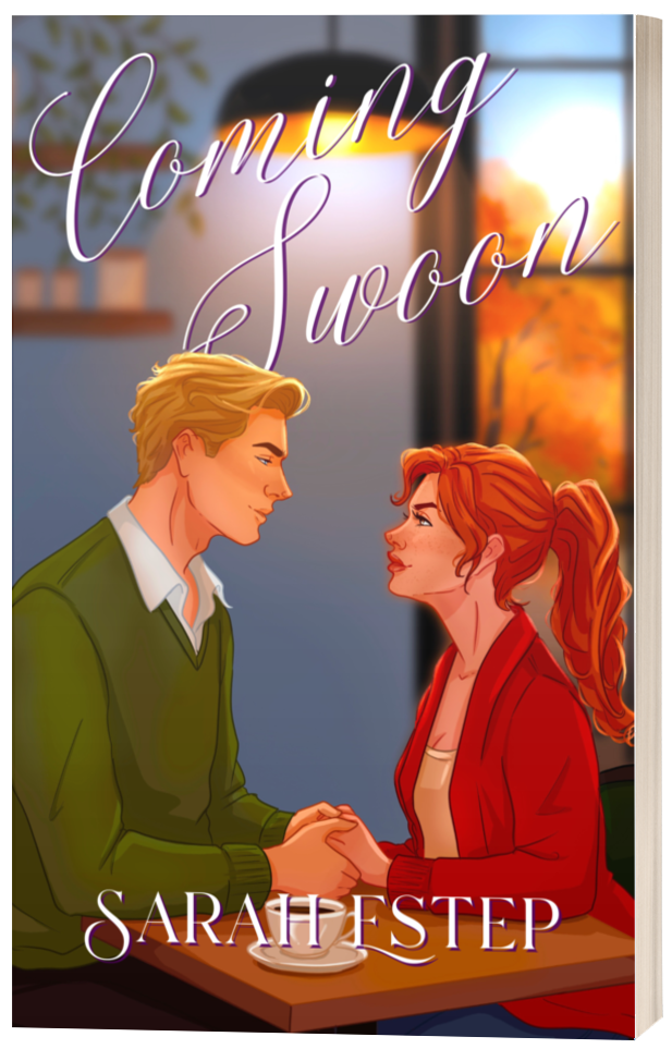 Book cover titled 'Coming Soon' by Sarah Step, featuring a romantic illustration of a young man and woman holding hands at a cafe table, with a warm, cozy background.