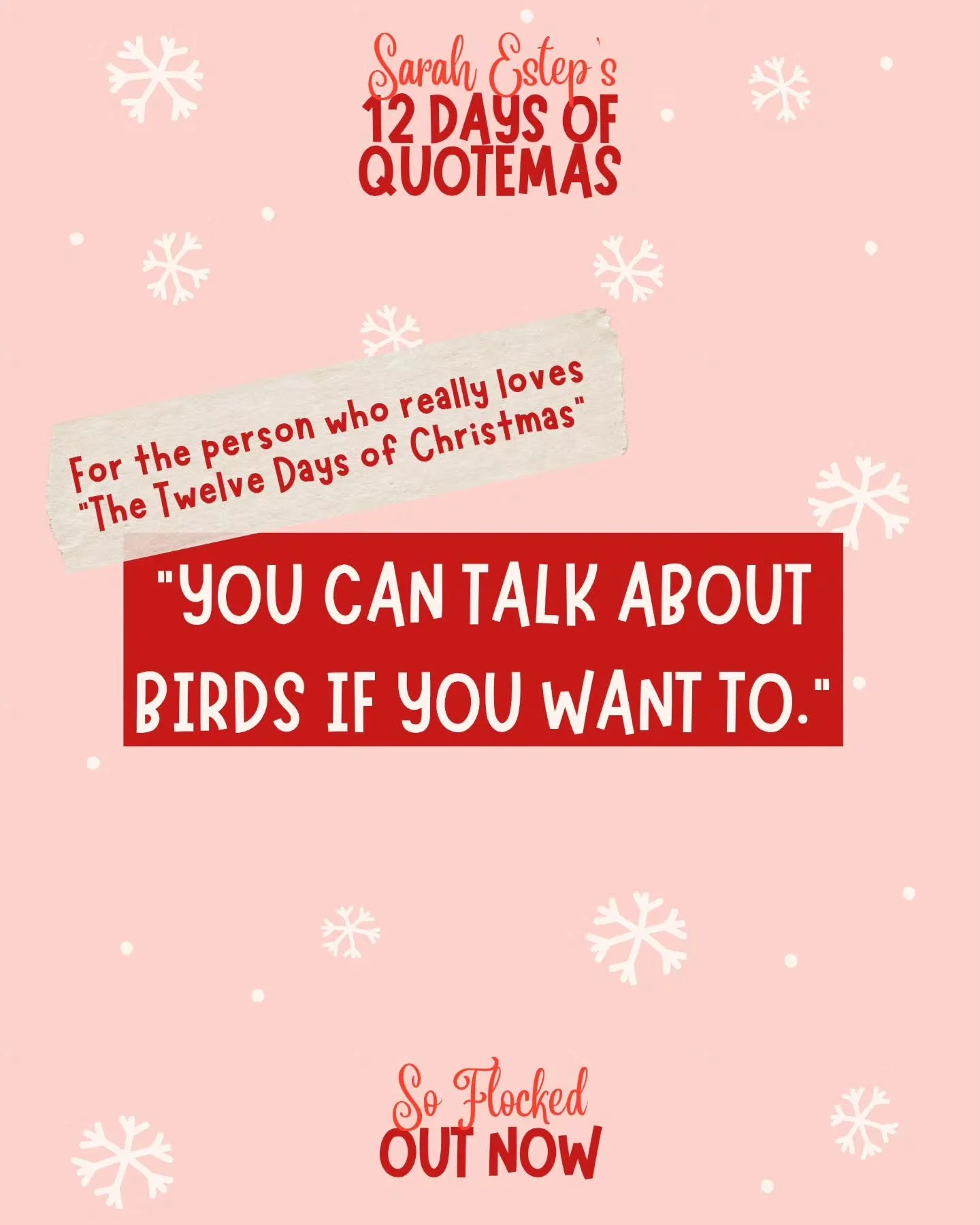 On the first day of Quotemas my true love (@erinrachelreads) gave to me....

A line about ornithologyyyyyy

🪿🐓🦢🦜

Erin and I saw @livyhartromance (WHO HAS A HOCKEY ROMAMCE COMING OUT) doing this and we loved it. So, basically, Livy wore army pant