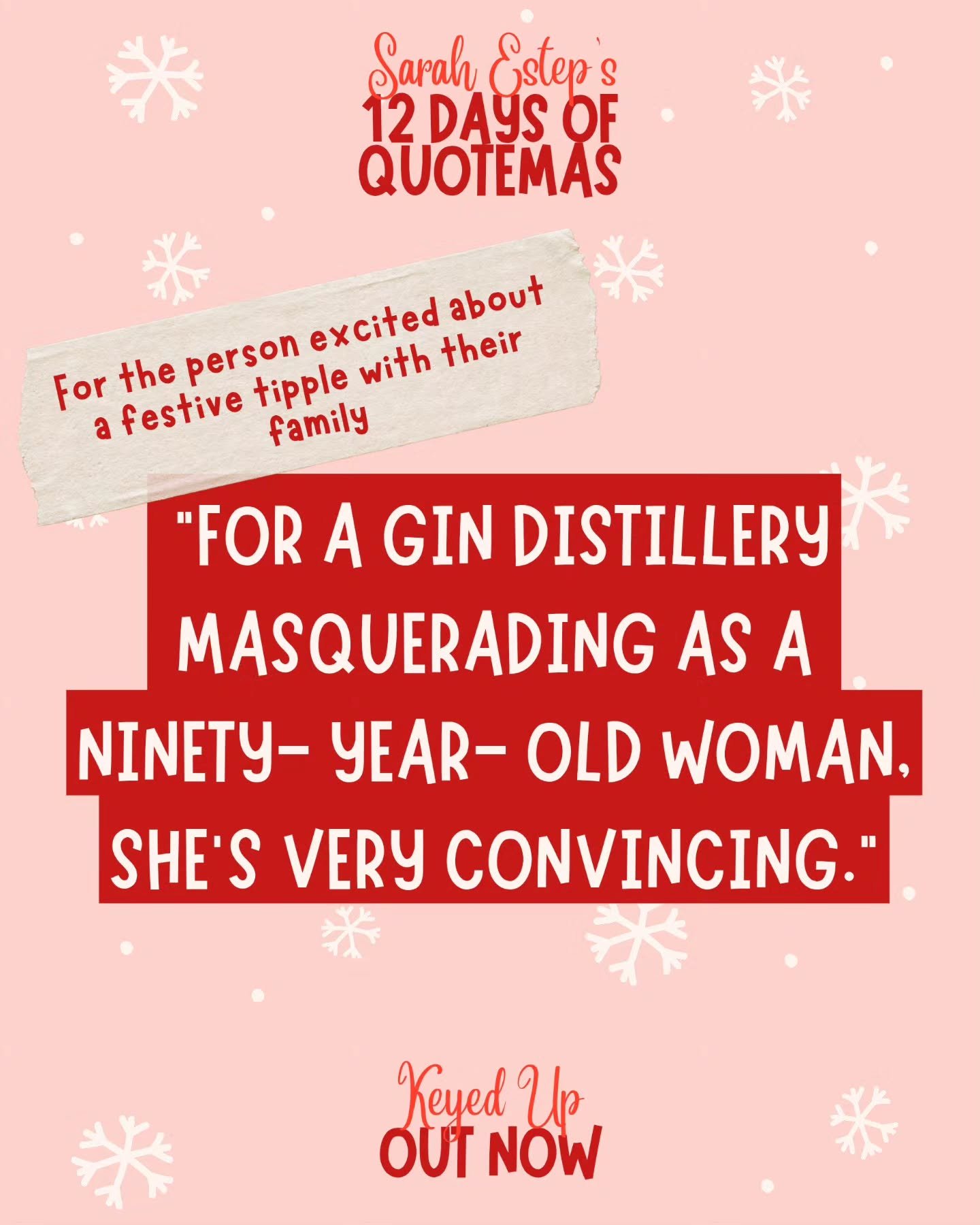 On the second day of Quote-mas, my true love gave to me...

A joke about Peter's grannyyyyyy

🍸🍷🍾🍹🥂

Back to where it all began. 

Keyed Up. 

I wrote this first chapter a minimum of six times. Kicking off a 4 book series with a large cast is WO