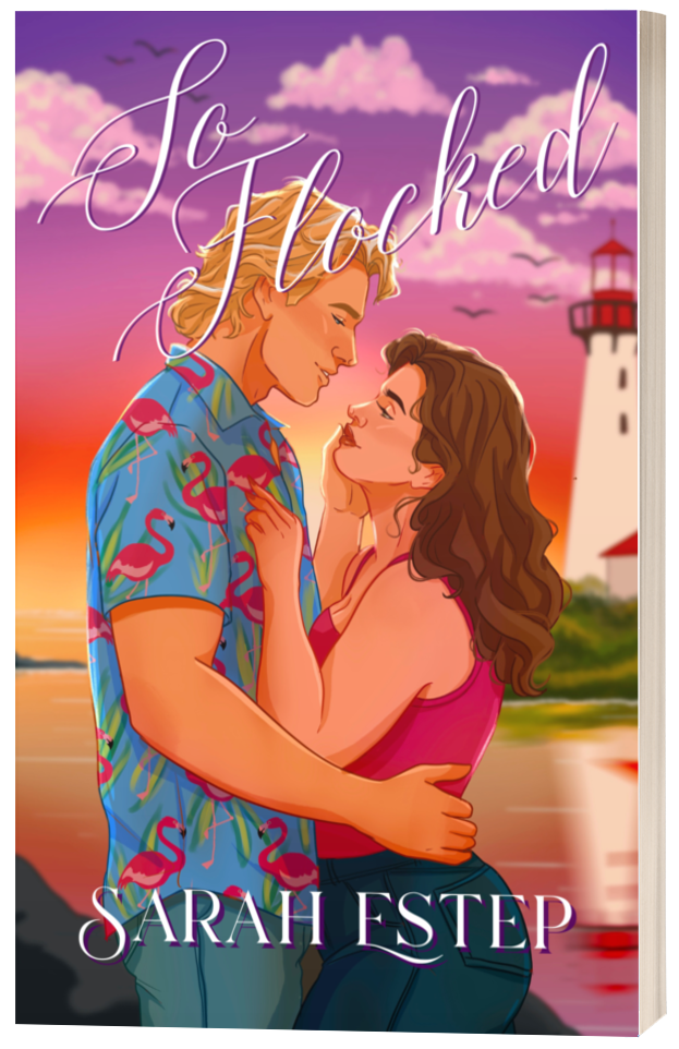 An illustrated romantic scene at sunset featuring a couple embracing by a lighthouse and water, with clouds and birds in the sky, and the title 'So Flushed' and author 'Sarah Estep' on the cover.