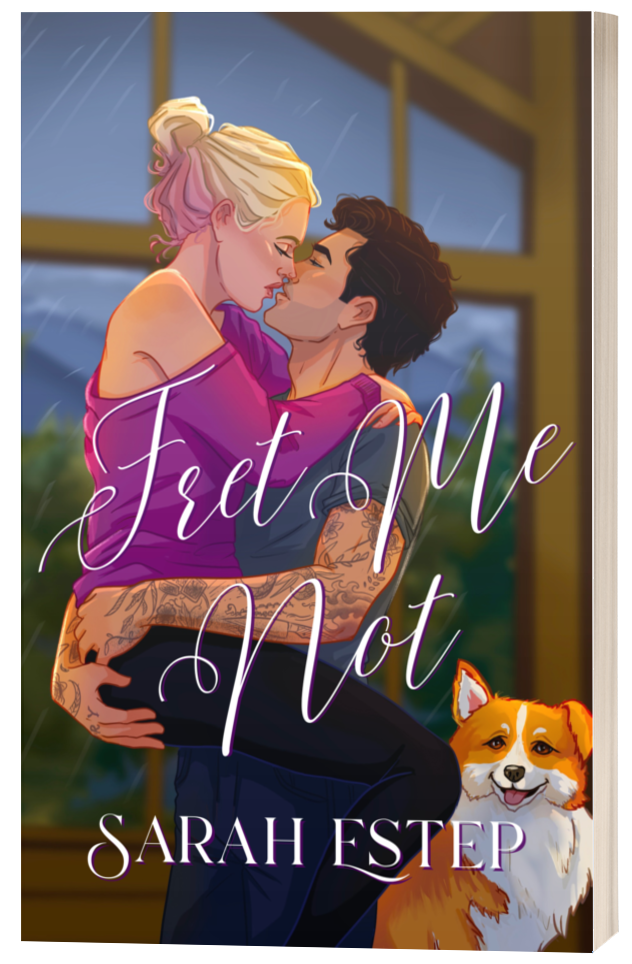 Illustration of a man lifting a woman during a rain shower inside a greenhouse with a dog at their feet. The title 'First Me Not' and the author's name 'Sarah Estep' are displayed on the cover.