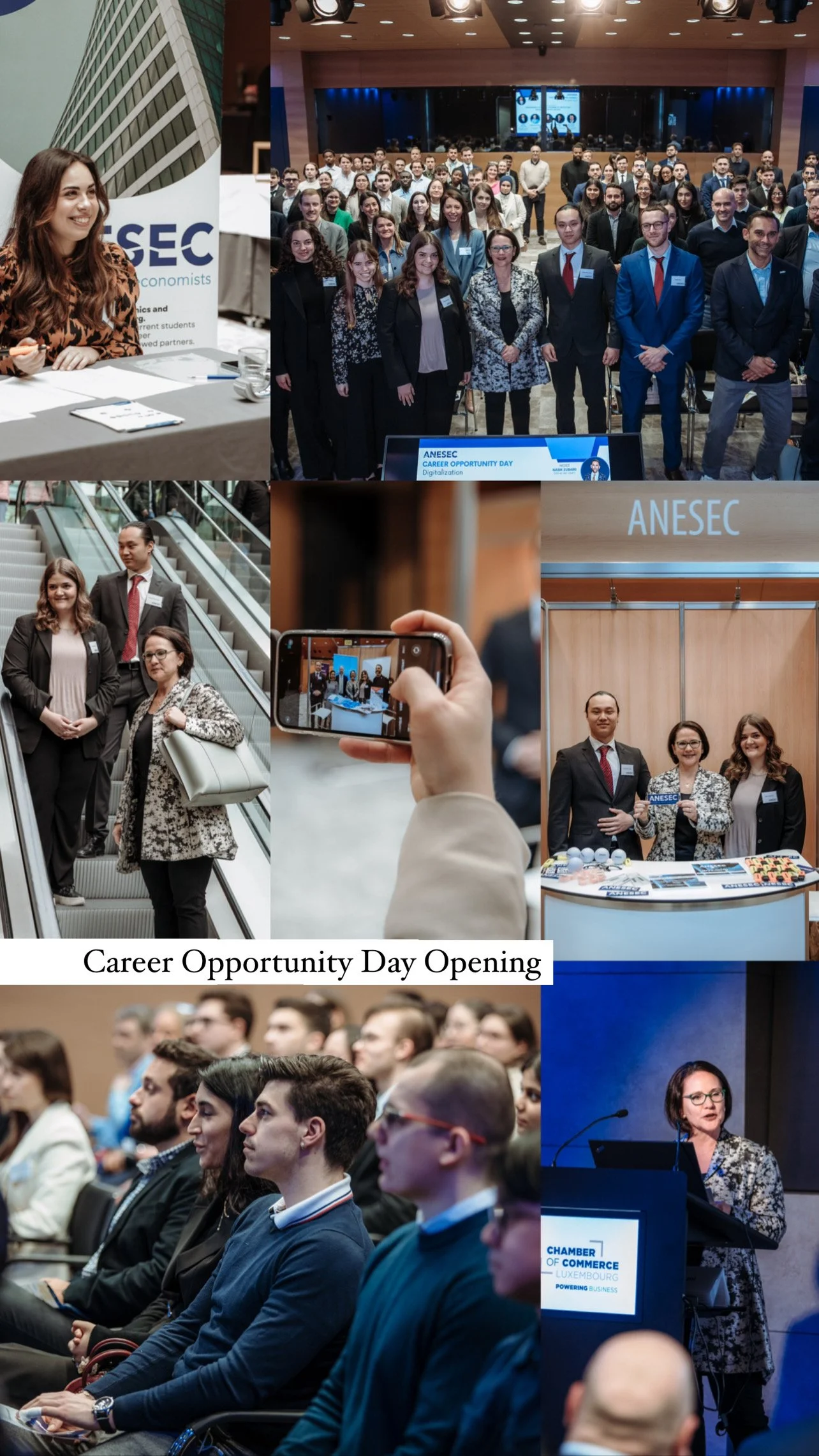 Group photos and scenes from a Career Opportunity Day event organized by ANESEC, showing people at registration, on stage, taking photos, and attending seminar sessions at a conference center.