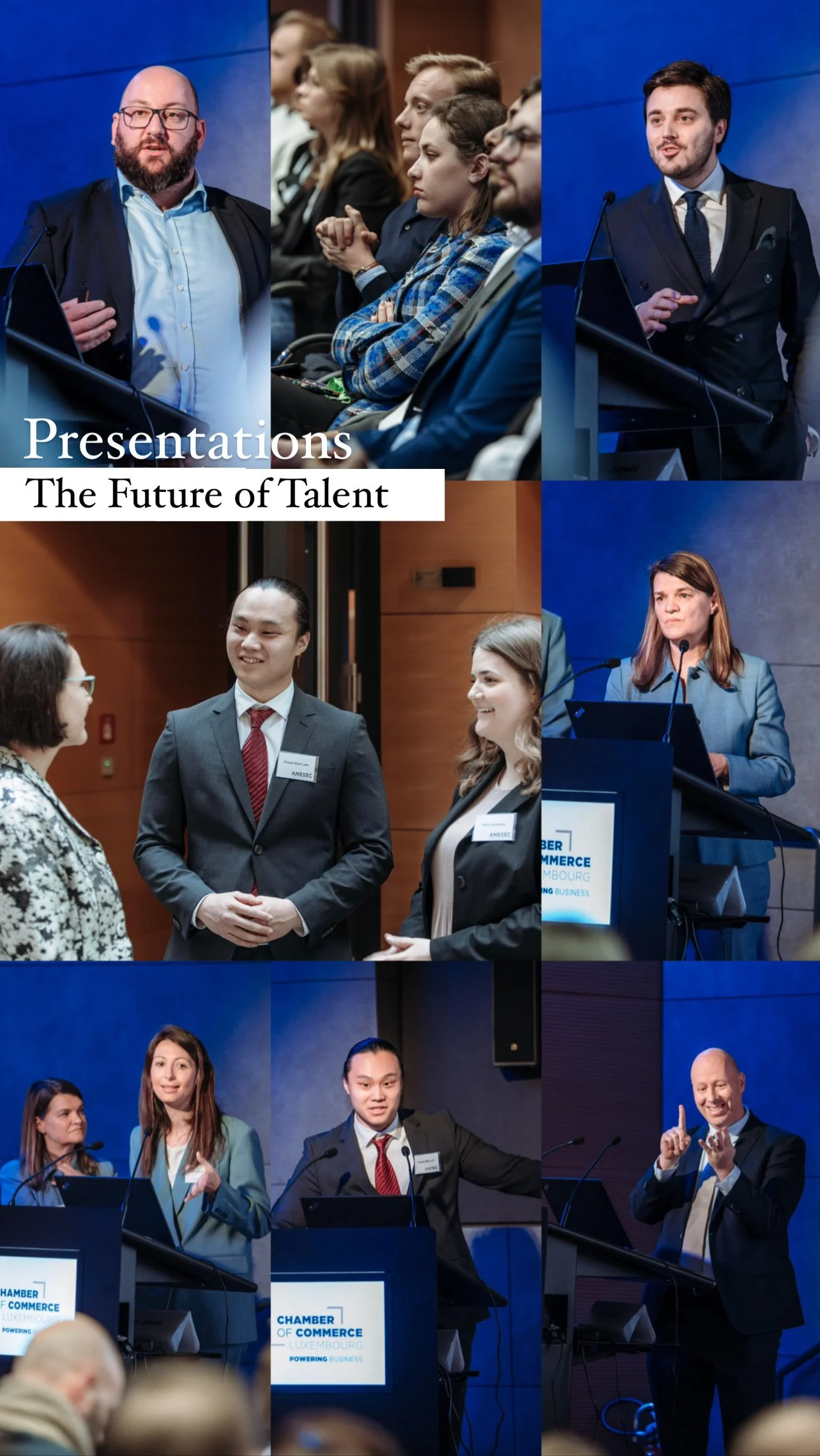 A collage of images from a professional conference or seminar, featuring individuals delivering presentations, engaging in discussions, and speaking at a podium, emphasizing the theme "Presentations: The Future of Talent."
