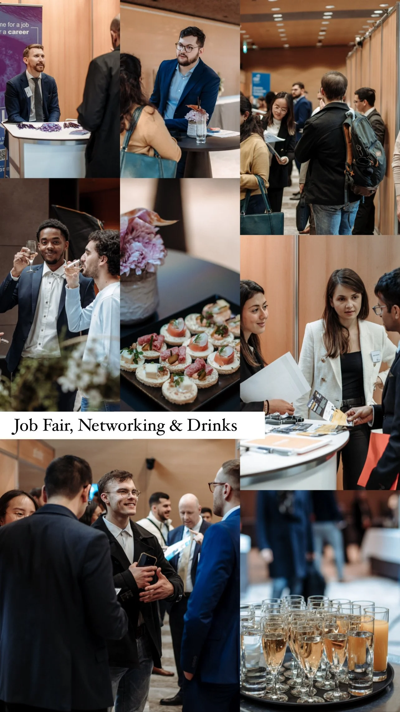 People networking and engaging at a job fair with food, drinks, and informational booths, captioned 'Job Fair, Networking & Drinks'.