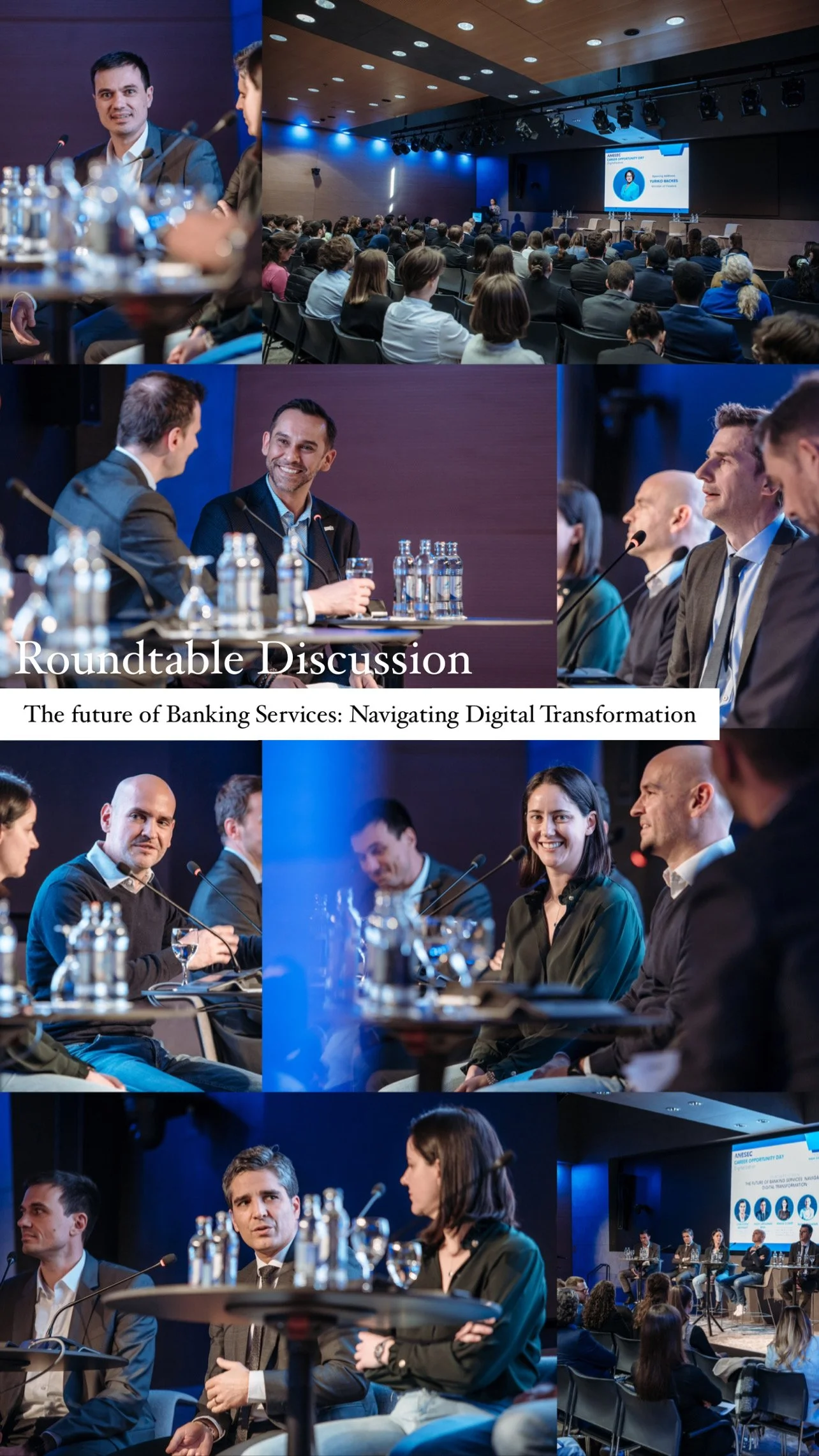 A conference room with a panel of speakers and an audience attending a discussion on banking services and digital transformation.