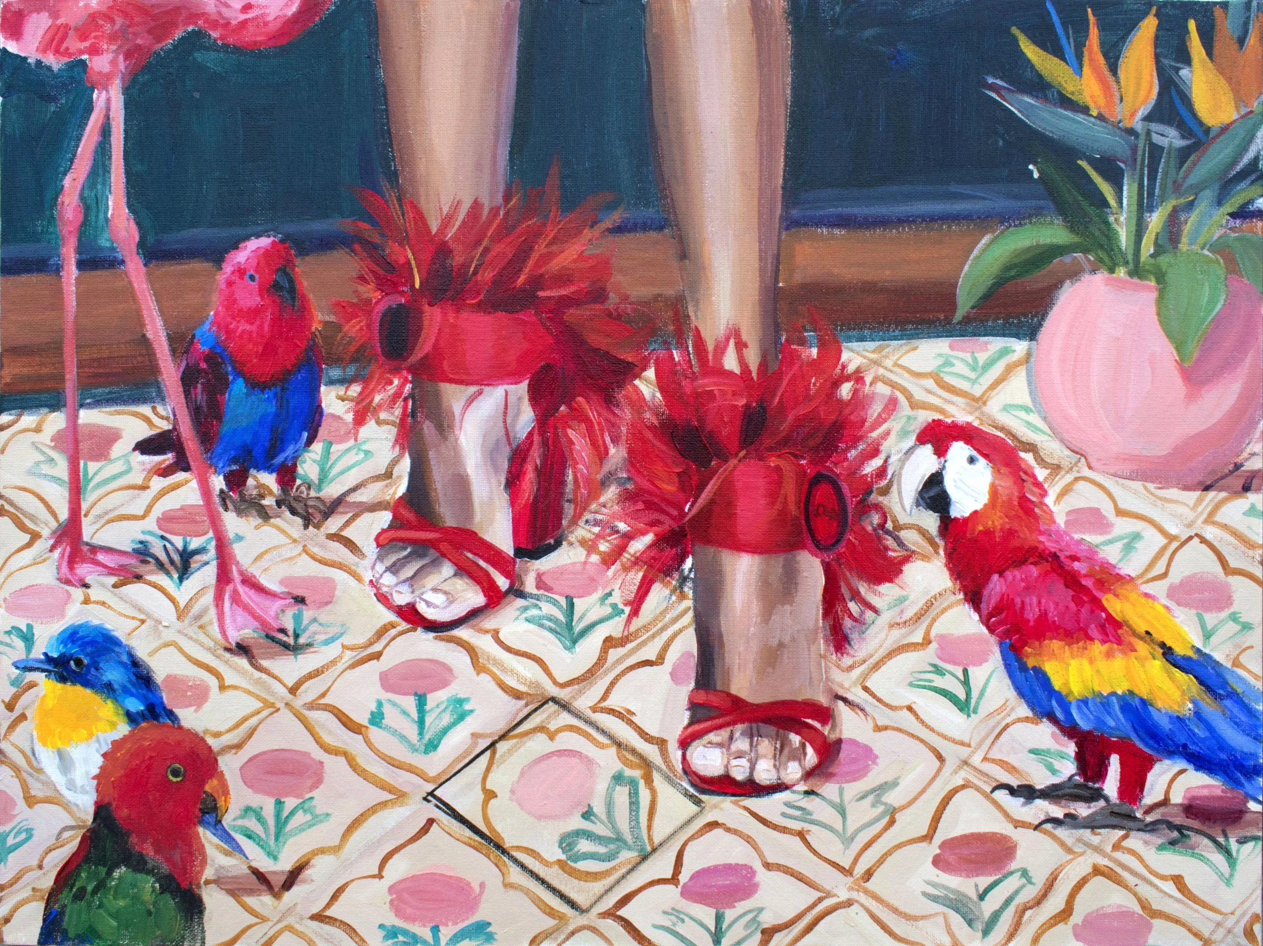 Cultural and artistic fashion painting of Prada shoes by Laura Gulshani reflecting the work of Marieke Neleman, creative strategist and cultural curator based in Berlin.