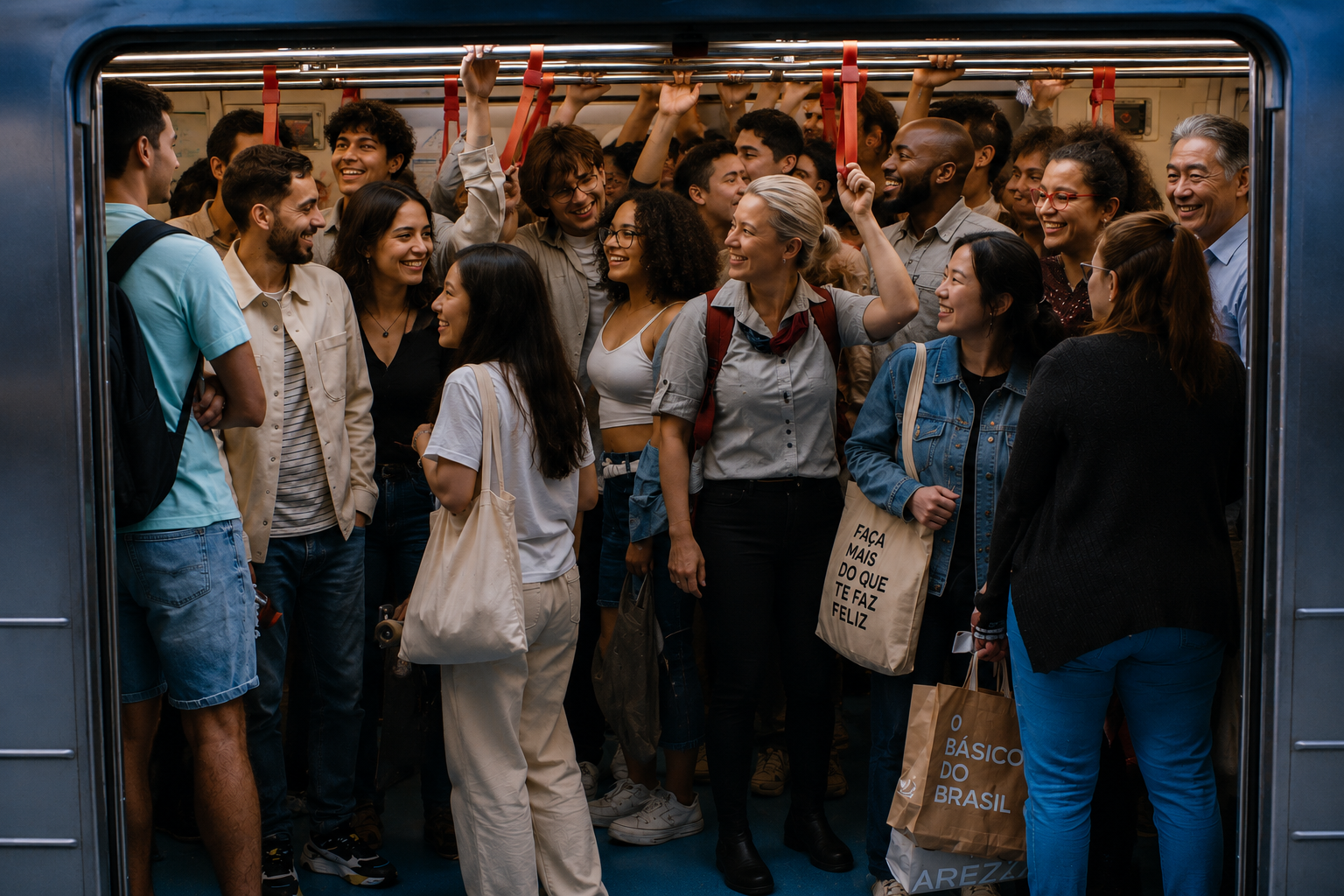People packed (or bunched) in a train car (stock photo)