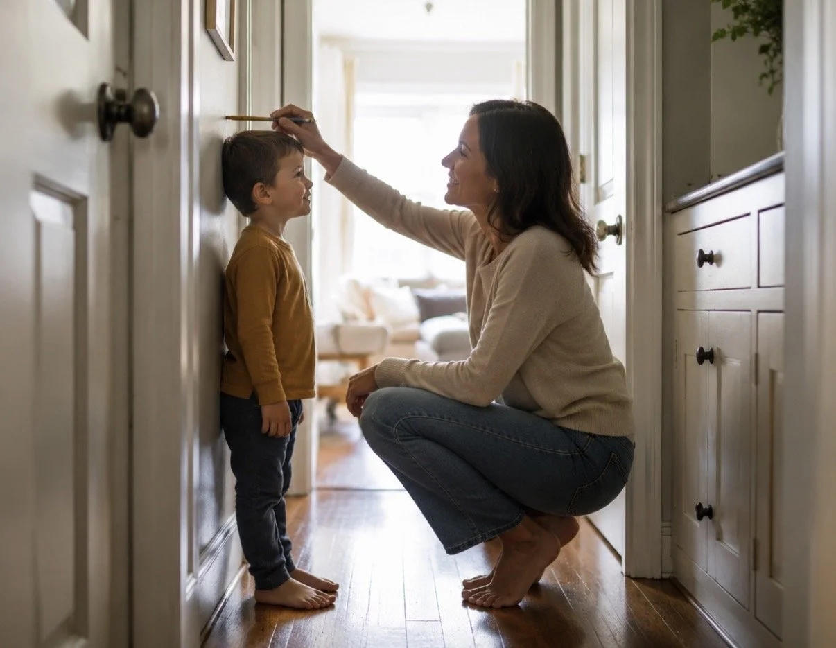 A mother measuring  a child against the wall (stock photo)