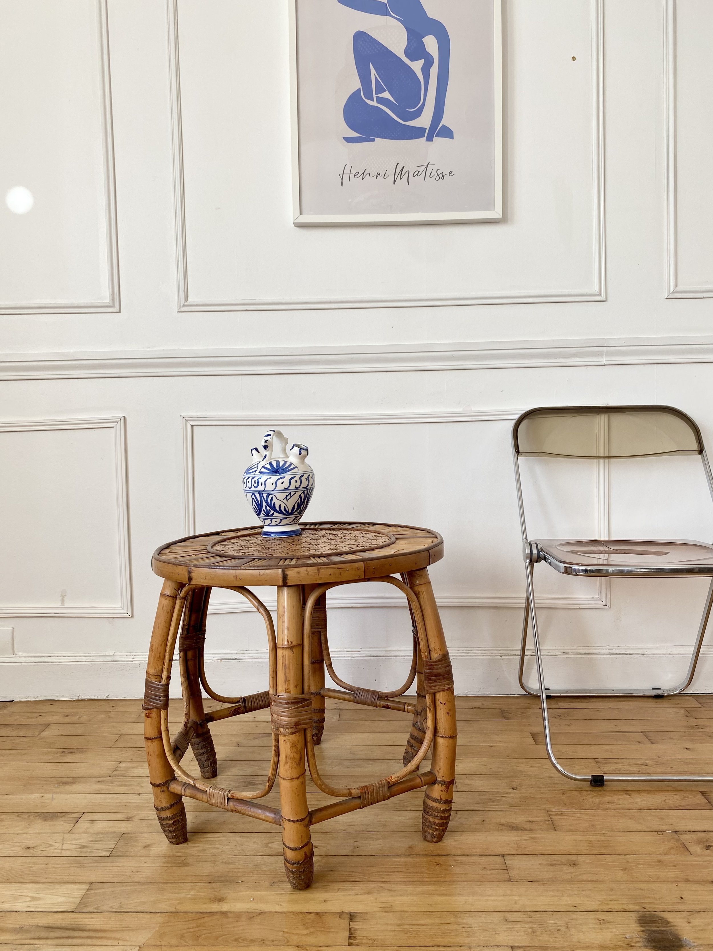 Table basse ronde en bambou et rotin vintage
