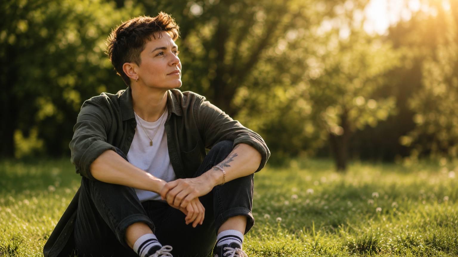 LGBTQ+ person sitting on grass in sunshine