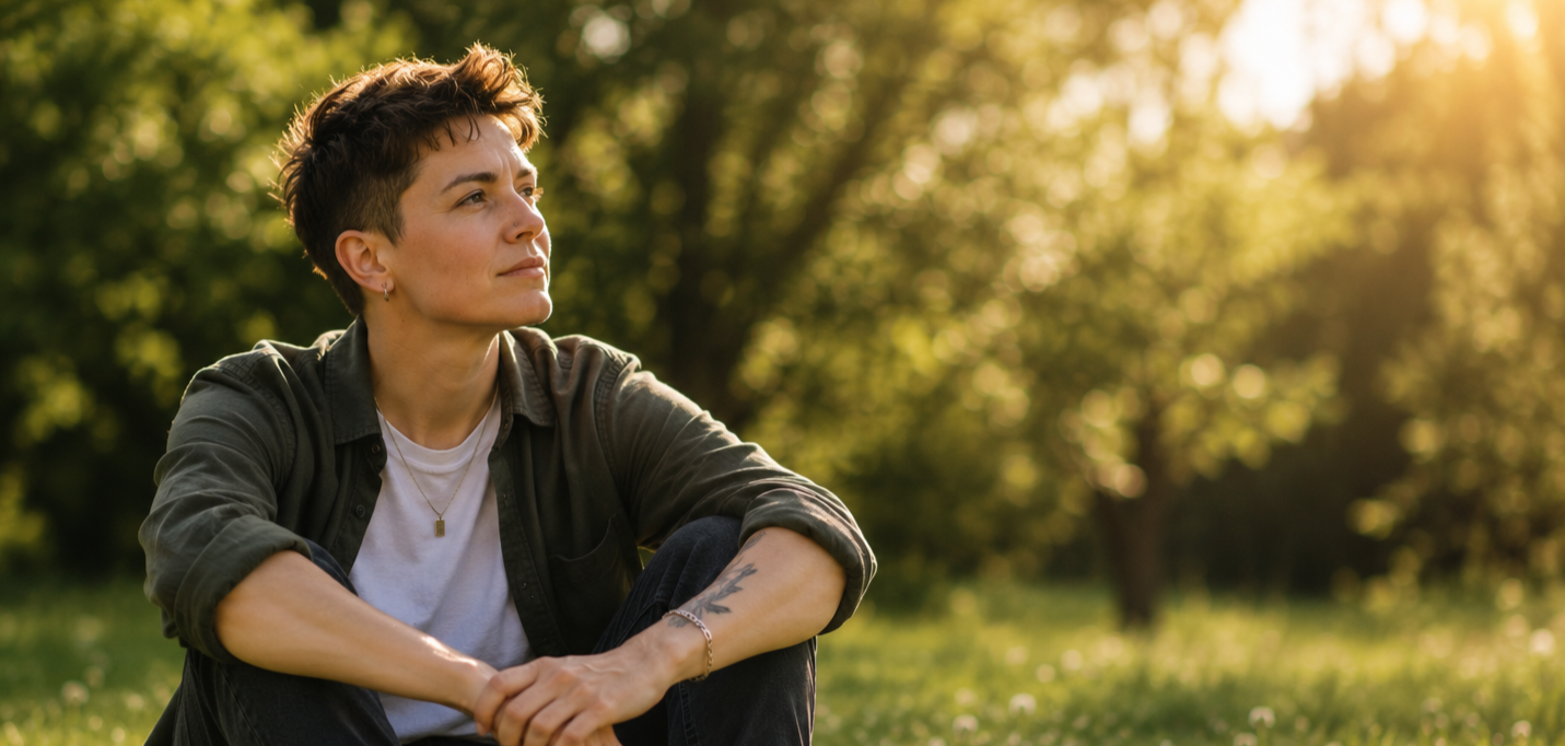 A woman with short dark hair and tattoos, sitting outdoors on grass, looking thoughtfully into the distance, with sunlight filtering through trees behind her.