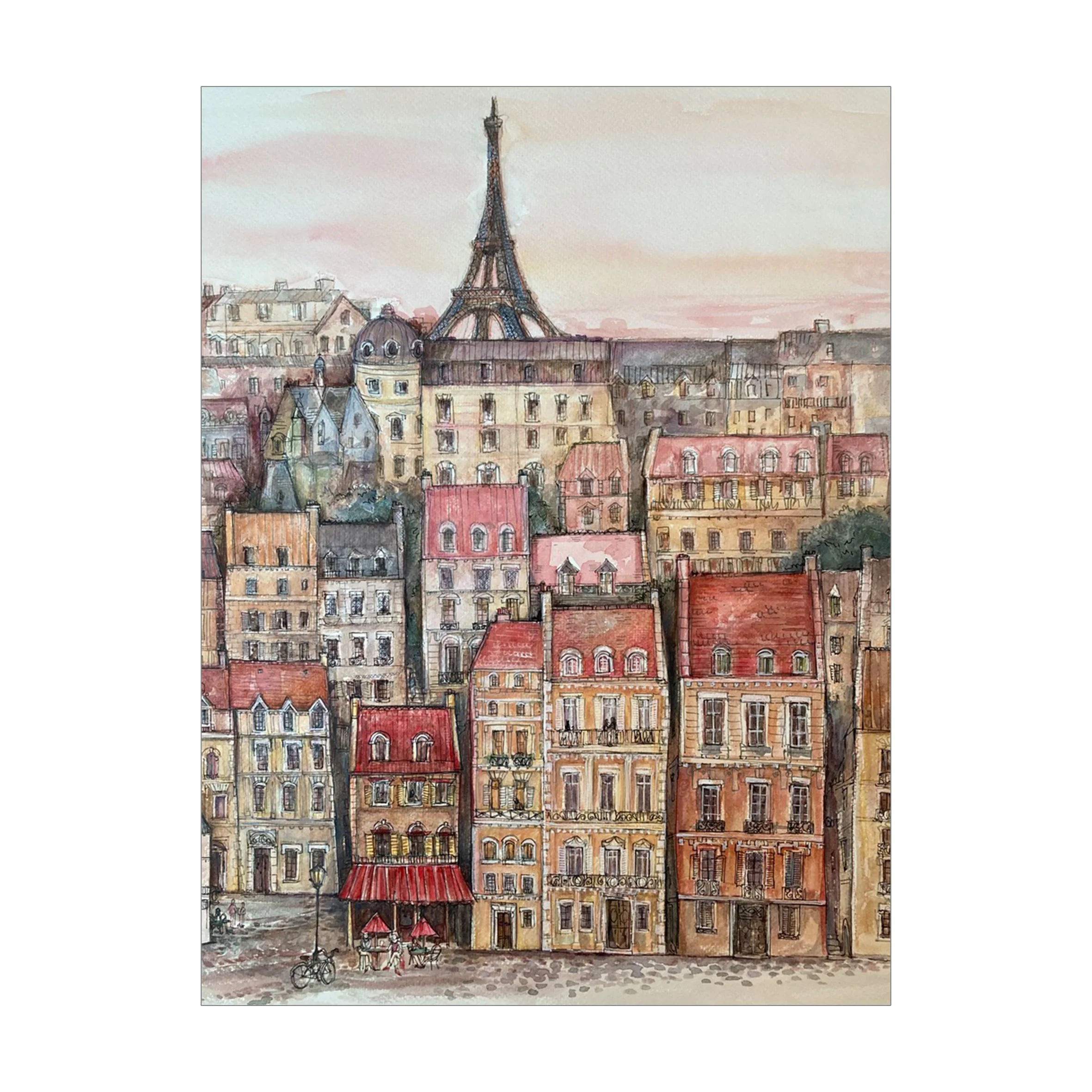 wistful landscape view of Paris with buildings and Eiffel Tower. Watercolour and paper collage