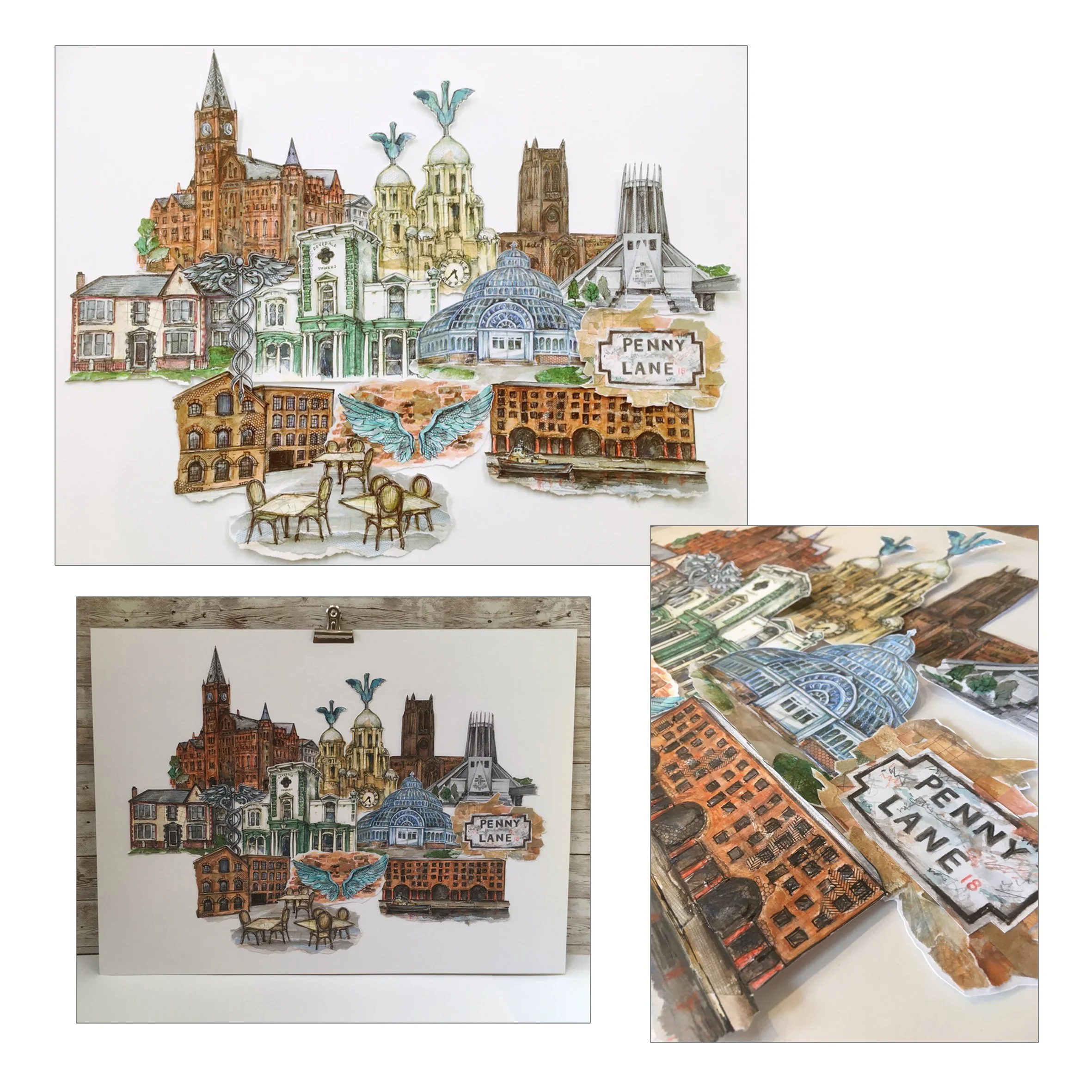 Liverpool hand-painted scenes of personalised memories. Watercolour, paper collage and watercolour pencils.
