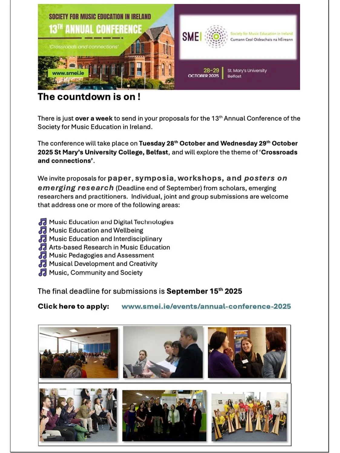 💭 Still thinking about submitting to #SMEI2025 in Belfast?

There&rsquo;s still time! 🎶 

📅 Oct 28&ndash;29, 2025 | 📍 St Mary&rsquo;s University College

⚡ Deadline: Sept 15 

🔗 smei.ie/events/annual-conference-2025