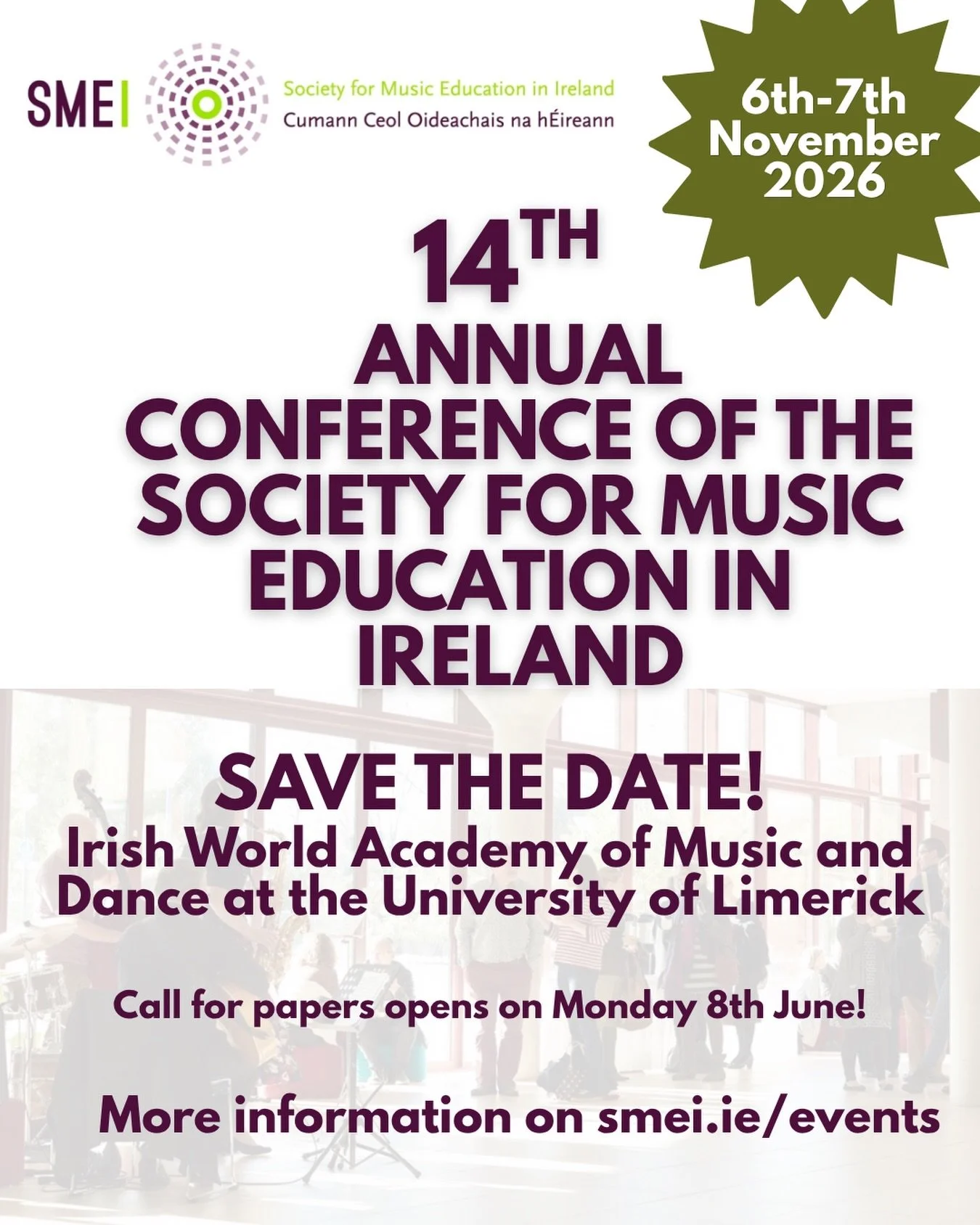 Welcome to the 14th Annual Conference of SMEI! It will be hosted by the School of Education in University of Limerick (@ul_education ) from 6th to 7th November 2026! 
This two-day, in-person conference will feature research and practice in the form o