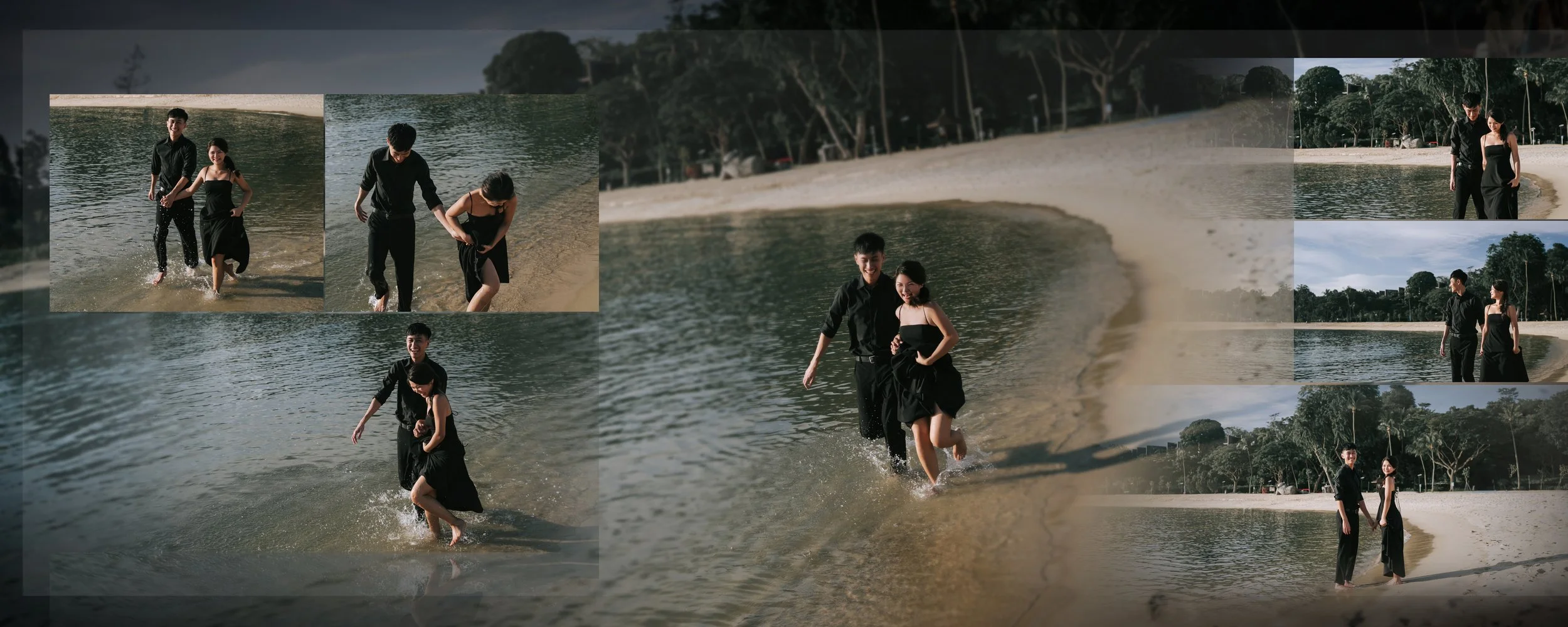 Couple in black clothes walking and playing at the beach during the daytime.
