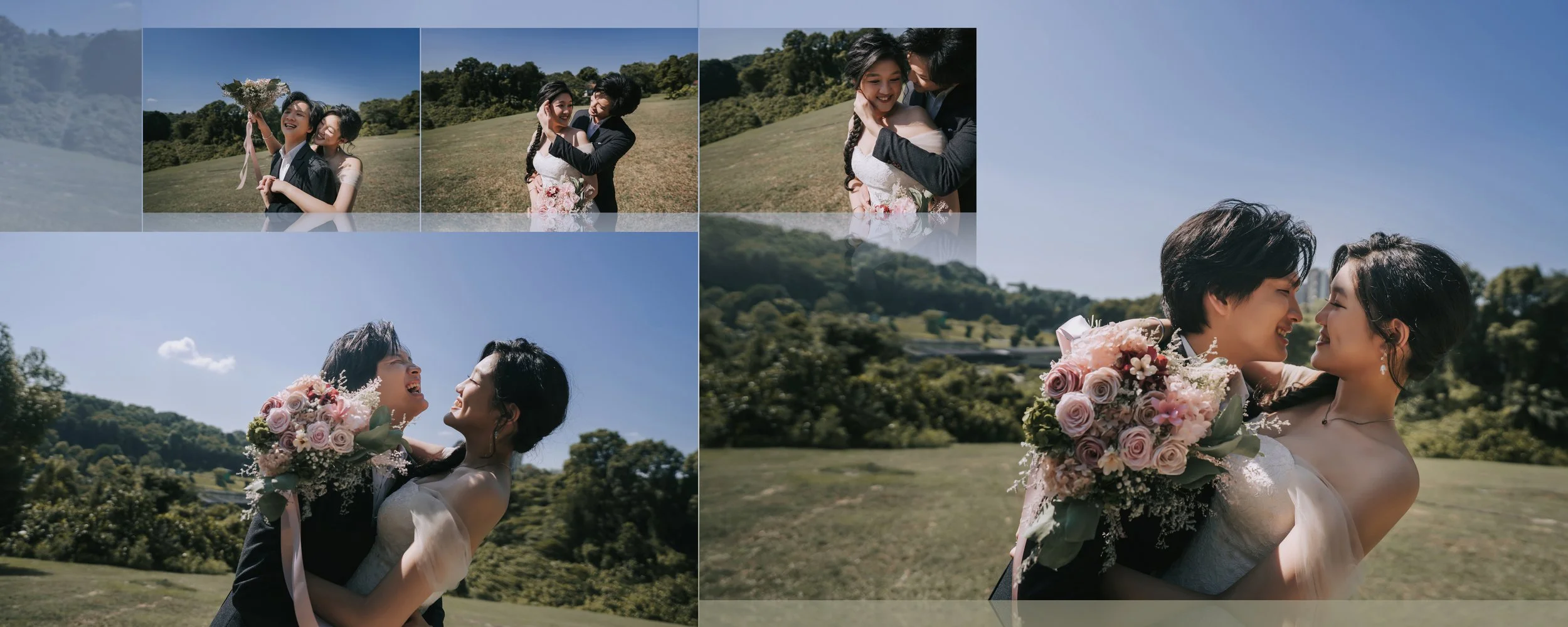 A newlywed Asian couple in wedding attire celebrating outdoors on a sunny day. The bride holds a bouquet of pink roses and the groom lifts her in his arms, both smiling happily with lush green landscape and clear blue sky in the background.