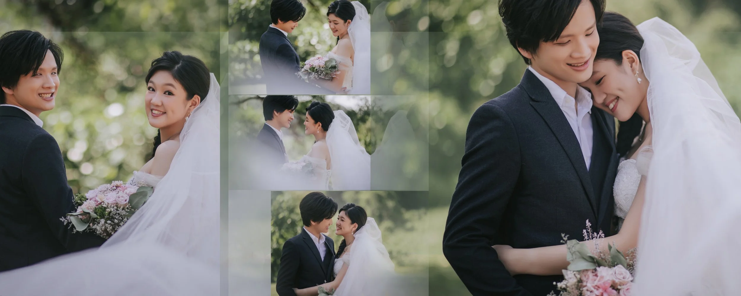 A wedding couple sharing a joyful moment outdoors, with the bride holding a bouquet of pink and white flowers and the groom embracing her. Multiple smaller photos show the couple smiling and looking at each other, dressed in wedding attire, in a natu