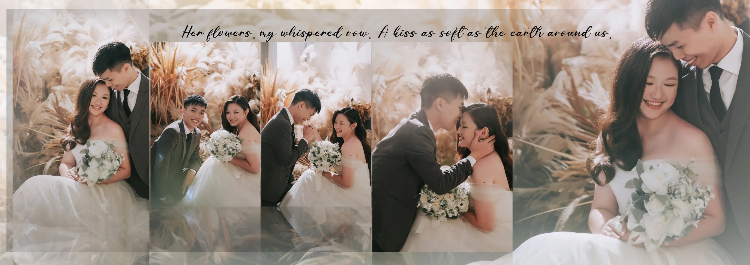 A collage of a wedding photoshoot featuring a bride and groom in a golden field with tall grasses, holding flowers, sharing intimate moments, smiling, and showing affection, with a quote overlayed that reads 'Her flowers, my whispered vow. A kiss as 