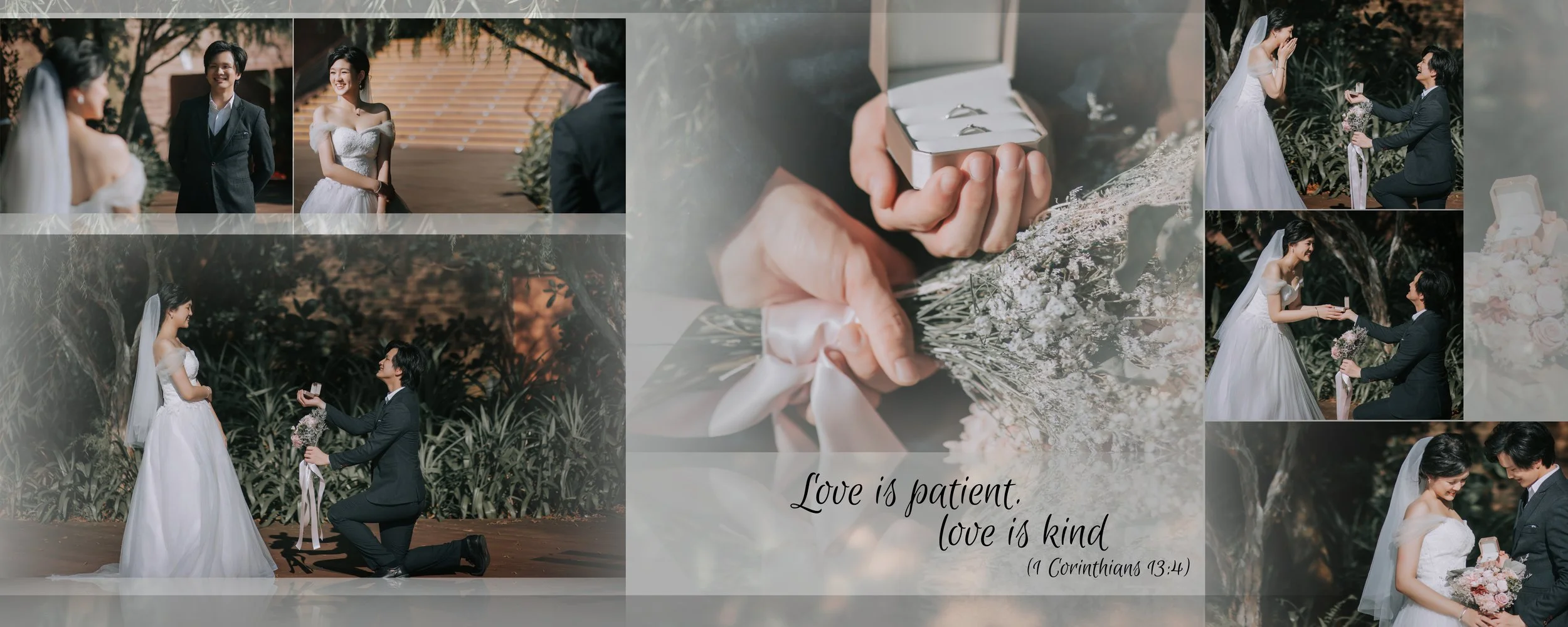 A collage of wedding photos showing a bride and groom during their wedding ceremony outdoors. The groom is proposing with a ring, kneeling on one knee, while the bride holds a bouquet and smiles. The bride wears a white wedding dress and veil, and th