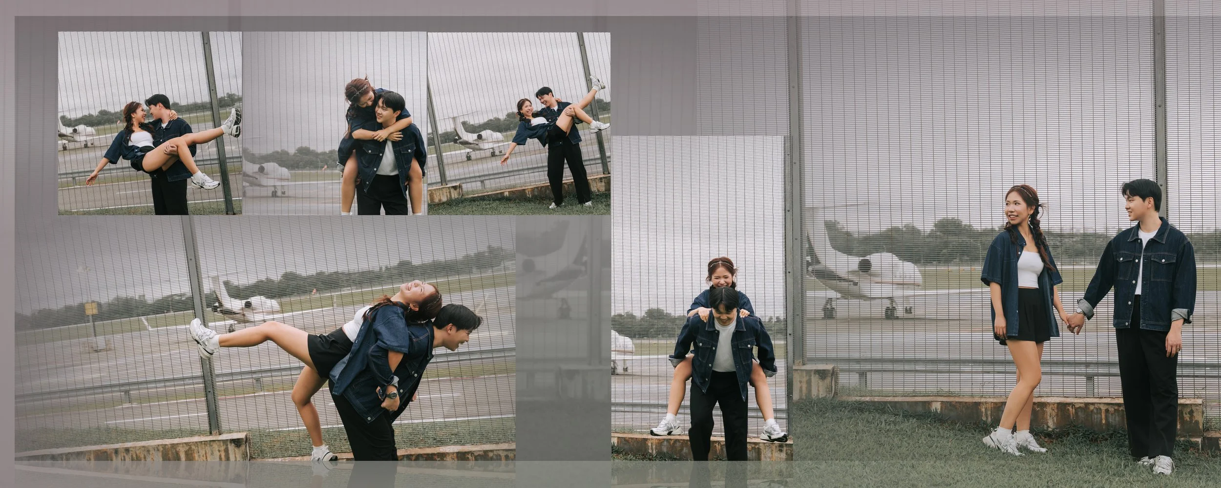 Young couple at an airport, engaged in playful poses near a fence with planes in the background. The woman is carried on the man's back, and they are holding hands, smiling and laughing.