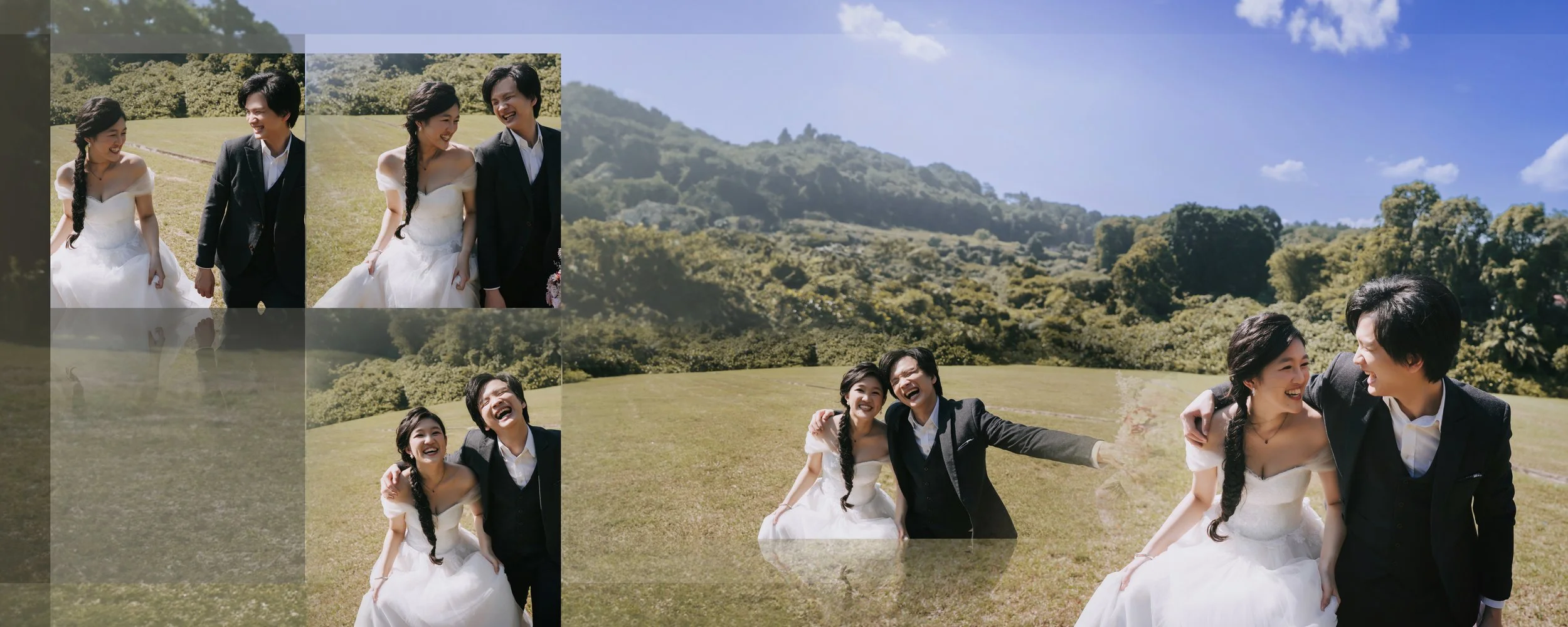 A happy couple in wedding attire walking and laughing in a scenic outdoor landscape with rolling hills and trees under a blue sky.