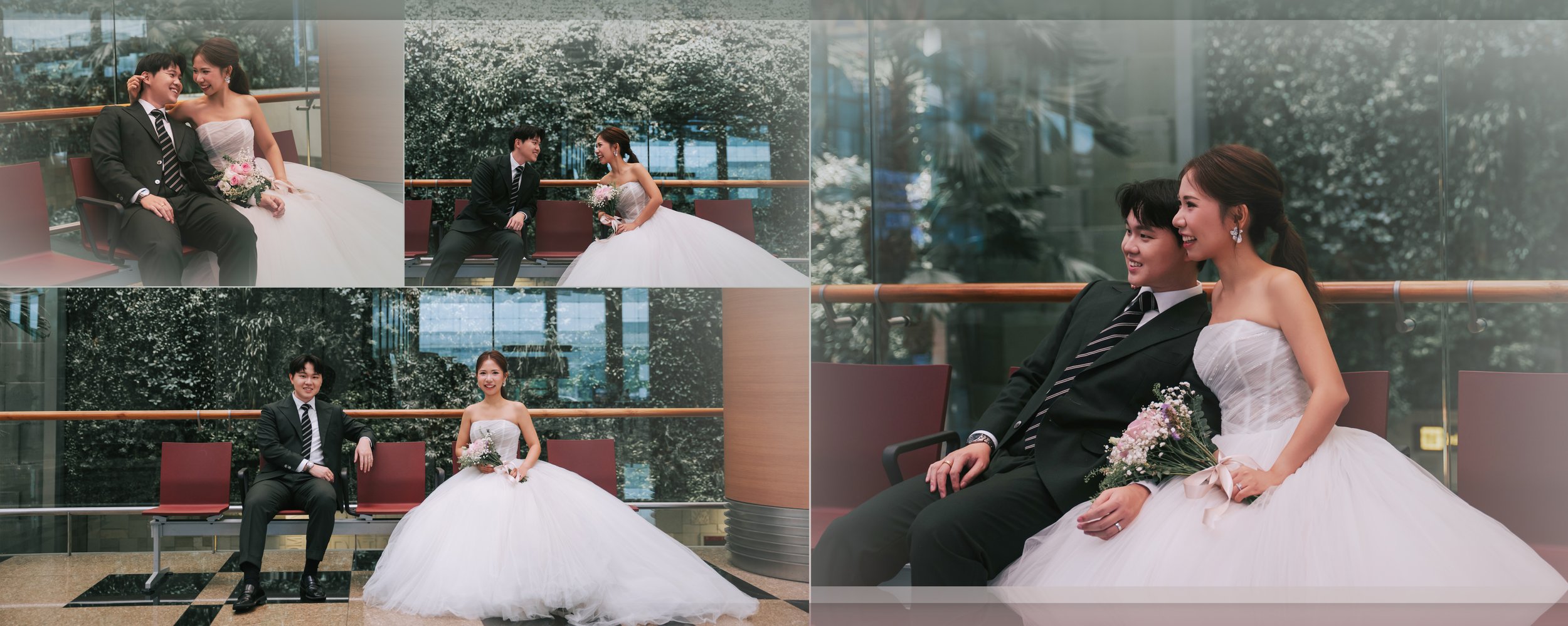 Two couples in wedding attire sitting and smiling in an indoor space with large glass windows and artwork, taking wedding photos.