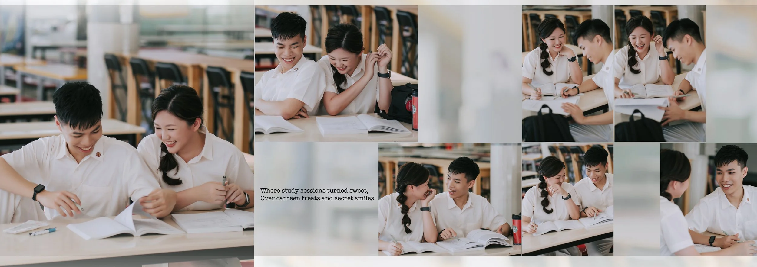 Two students, a boy and a girl, smiling and laughing at their textbooks in a classroom or library setting, wearing school uniforms.