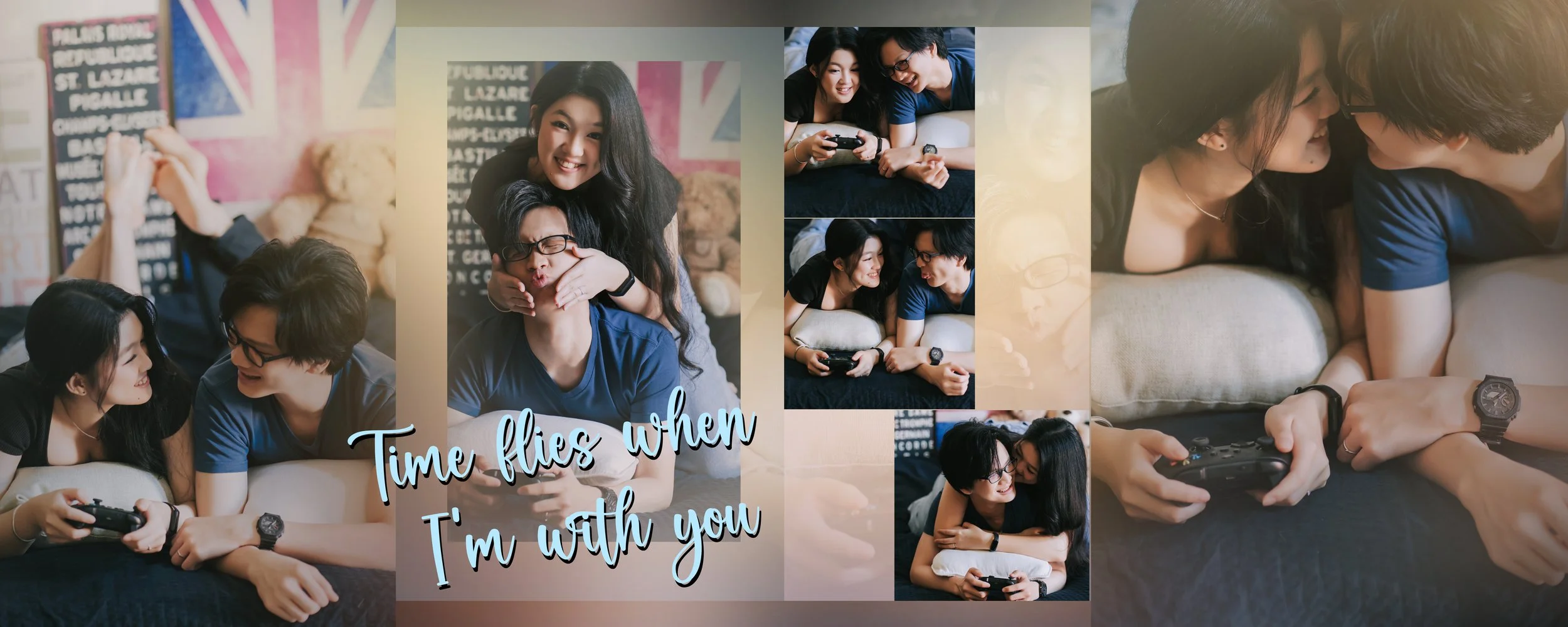 A collage of five photos of a young couple playing video games and sharing affectionate moments on a couch with a pastel background and the phrase "Time flies when I'm with you" written in blue cursive.